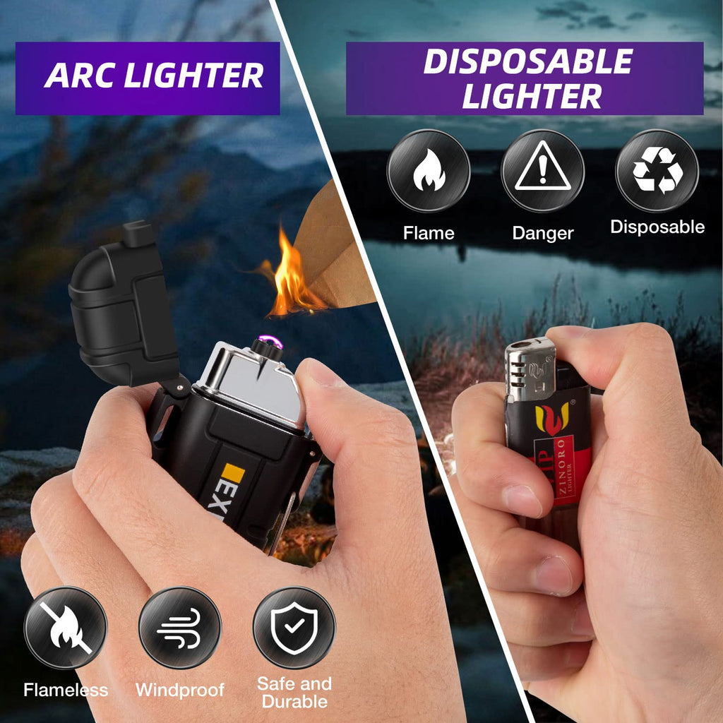 LcFun Electric Dual Arc Lighter USB Rechargeable Outdoor Windproof Flameless Plasma Lighters for Camping, Hiking, Waterproof Matches Survival Tactical Gear Birthday Gifts for Men