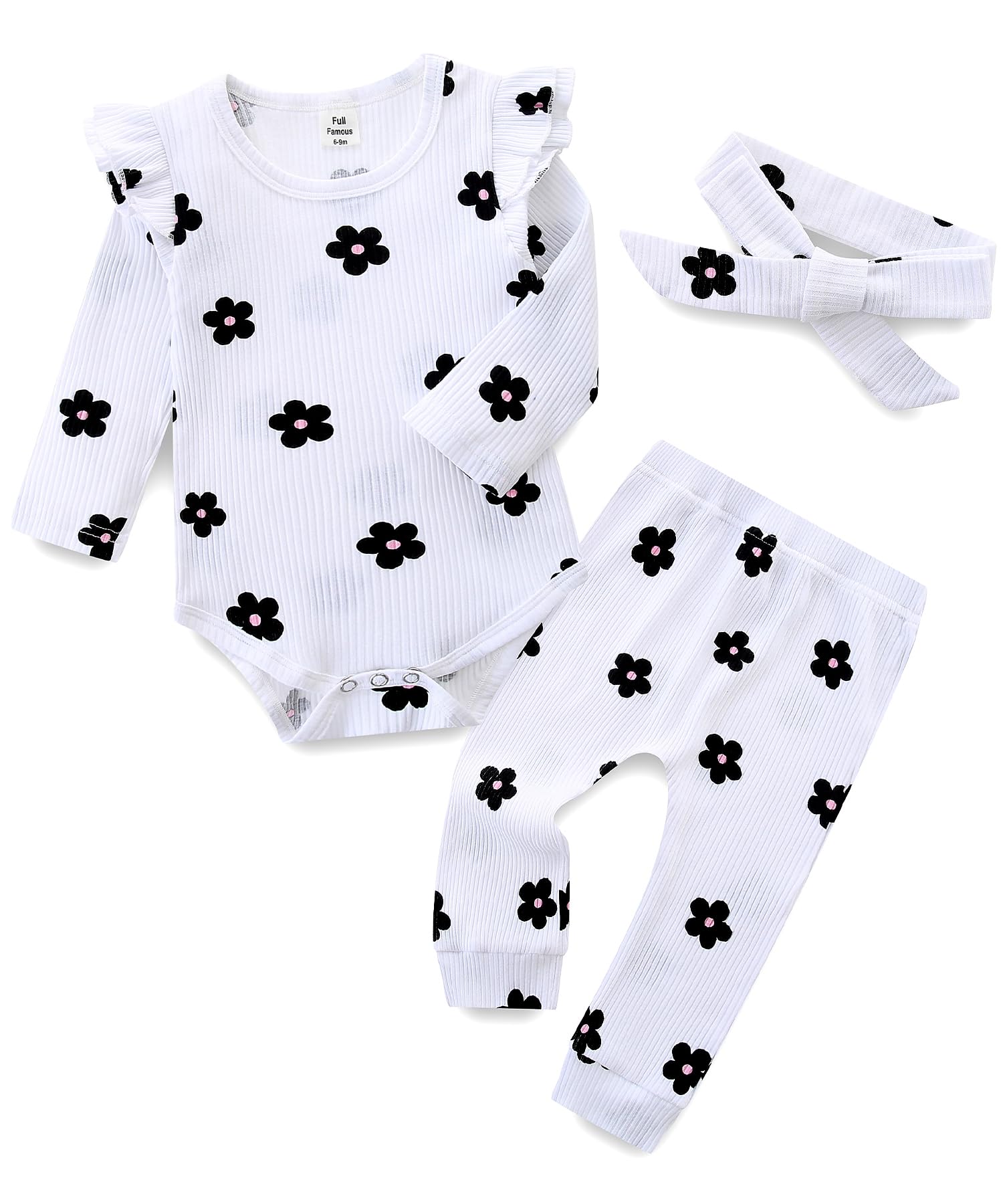 Fullfamous Baby Girl's 3pc Rib Frill Long Sleeve Romper and Pant Set