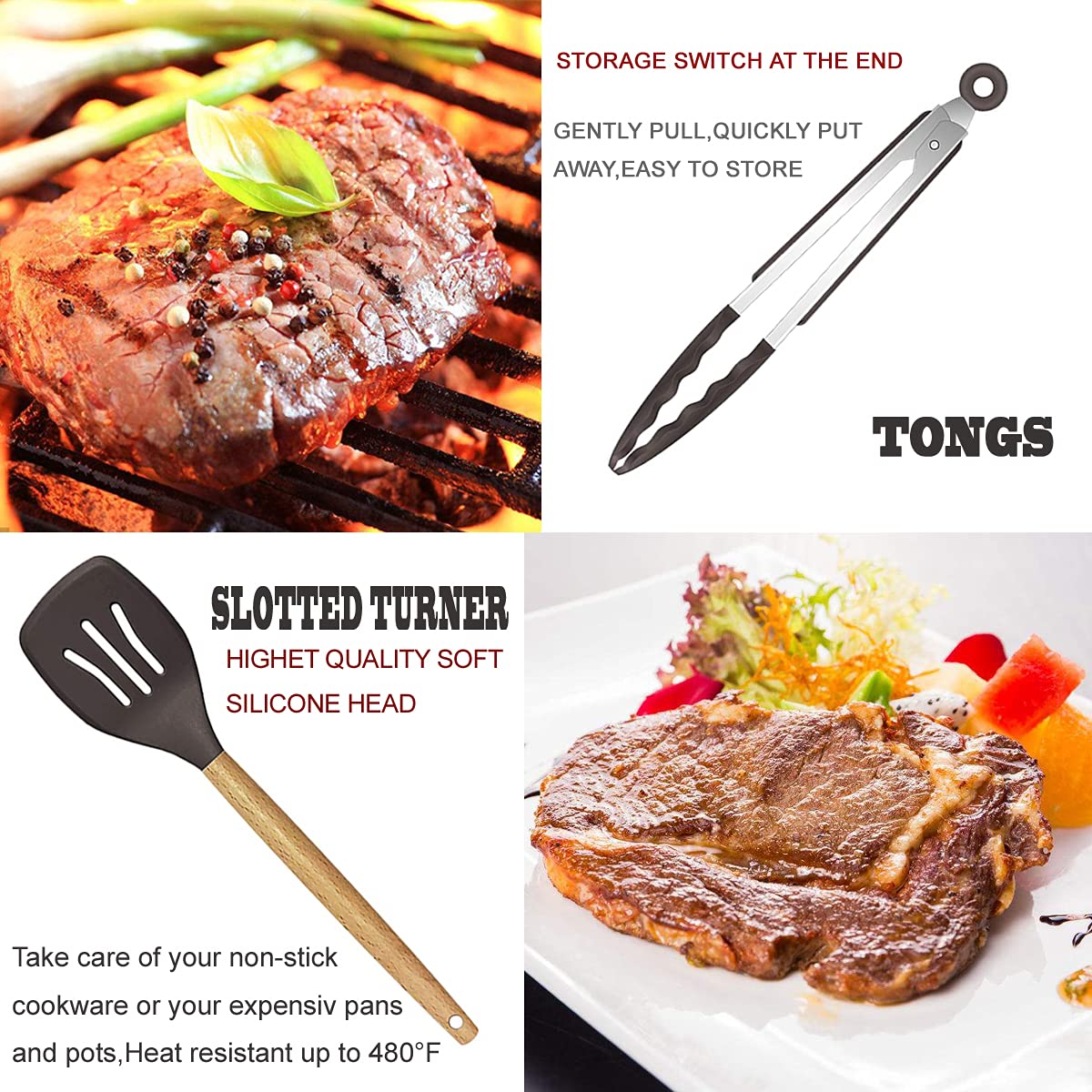 Kitchen Utensils Set- 35 PCs Cooking Utensils with Grater,Tongs, Spoon Spatula &Turner Made of Heat Resistant Food Grade Silicone and Wooden Handles Kitchen Gadgets Tools Set for Nonstick Cookware