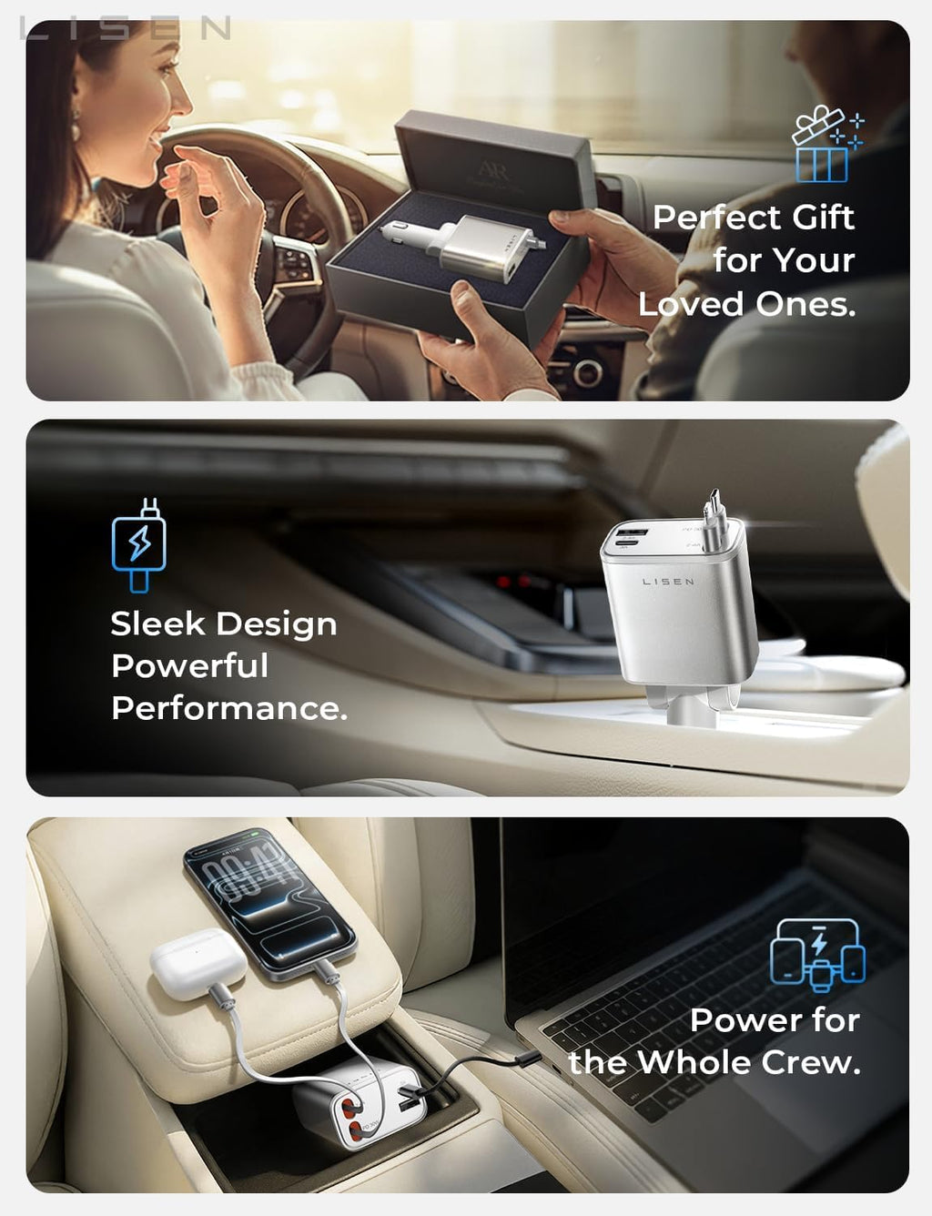 LISEN Retractable Car Charger, Gifts for Mothers Day 2026, 84W Car Charger USB C Fast Charge, Gifts for Mom Dad Him Her, Travel Essentials Car Accessories for Men Women Gifts for iPhone 17 16 15 14 13
