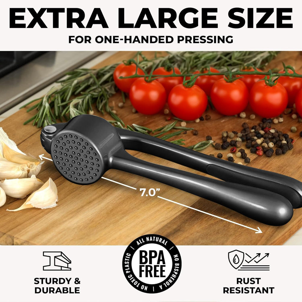 Zulay Kitchen Premium Garlic Press Set - Rust Proof Professional Garlic Mincer Tool - Easy-Squeeze, Easy-Clean with Soft, Ergonomic Handle - Silicone Garlic Peeler & Brush (Silver)