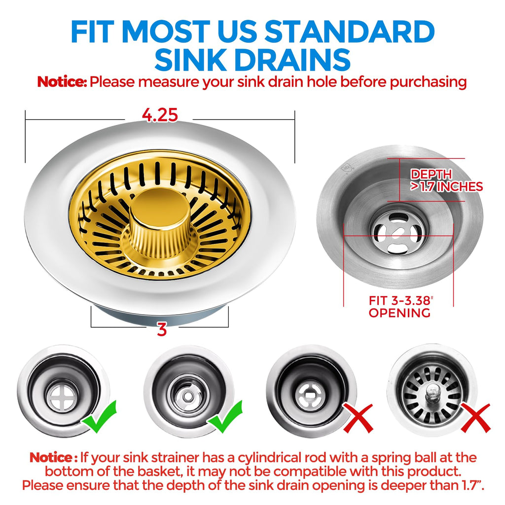 Sink Drain Strainer - Sink Stopper Kitchen Drain, 3 in 1 Kitchen Sink Drain Strainer with Anti-Clogging Basket, Kitchen Gadgets Clearance Sink Accessories, Fit US Standard 3-1/2'' Sink Hole, Silver