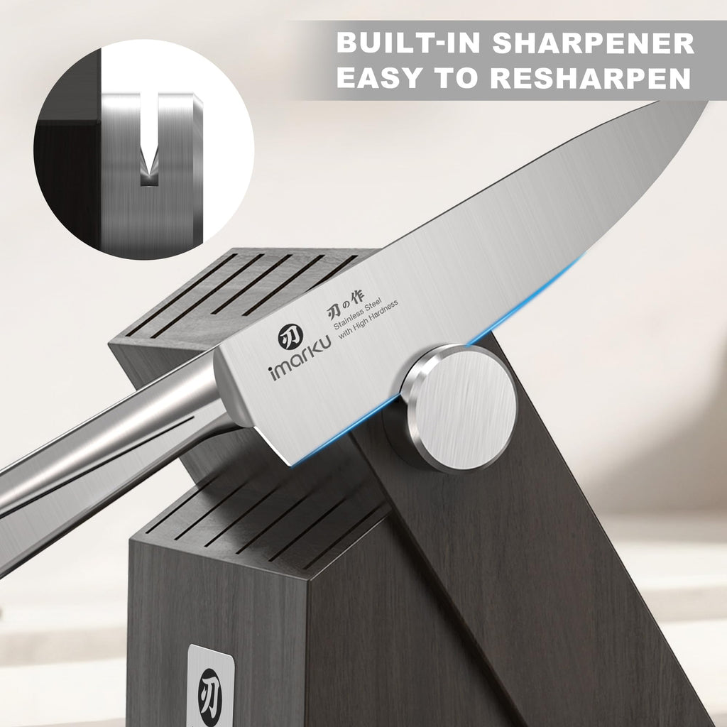 imarku 14-Piece Knife Set, Japanese Stainless Steel Knives Set for Kitchen, Full-Tang Gyutou Knife Sets with Block and Build-in Sharpener, Brown, Dishwasher Safe, House Warming Gifts for Mom