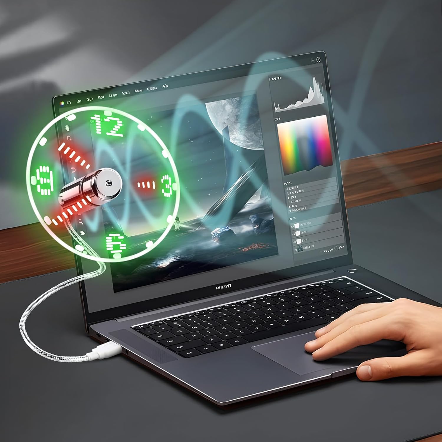 ONXE LED USB Clock Fan with Real Time Display Function,Stocking Stuffers for Men Christmas Gadgets,Father's Day Gifts,1 Year Warranty