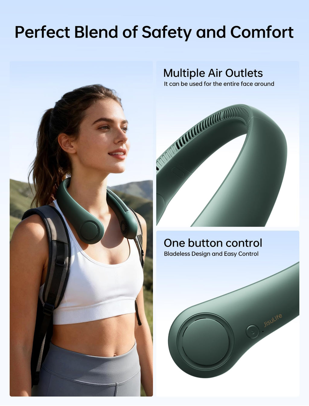 JISULIFE Portable Neck Fan, Hands Free Bladeless Fan, 5 Speeds, 4000 mAh Battery Operated Wearable Personal Fan, Twistable, Rechargeable, Gift for Women Men-Dark Green