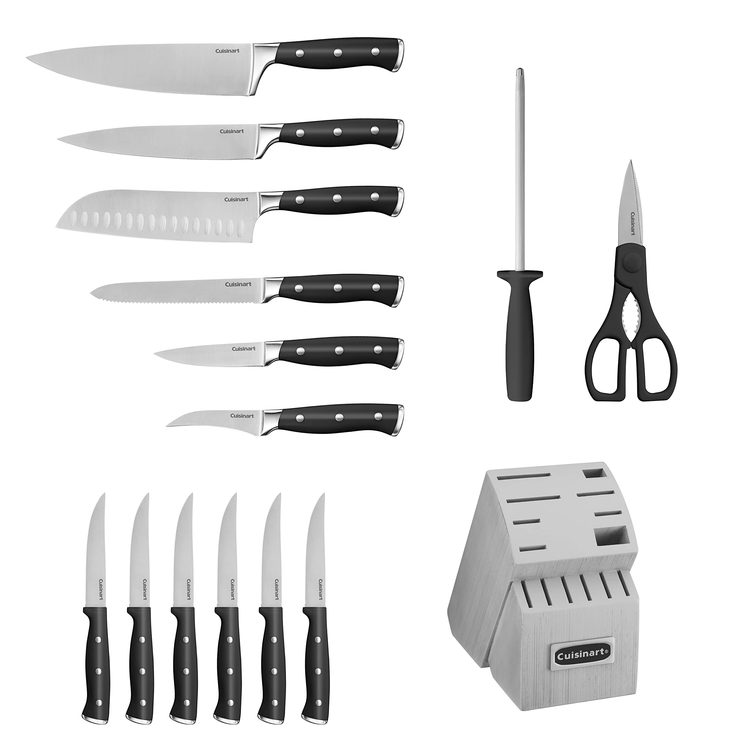 Cuisinart 15-Piece Knife Set with Block, High Carbon Stainless Steel, Forged Triple Rivet, White, C77WTR-15P