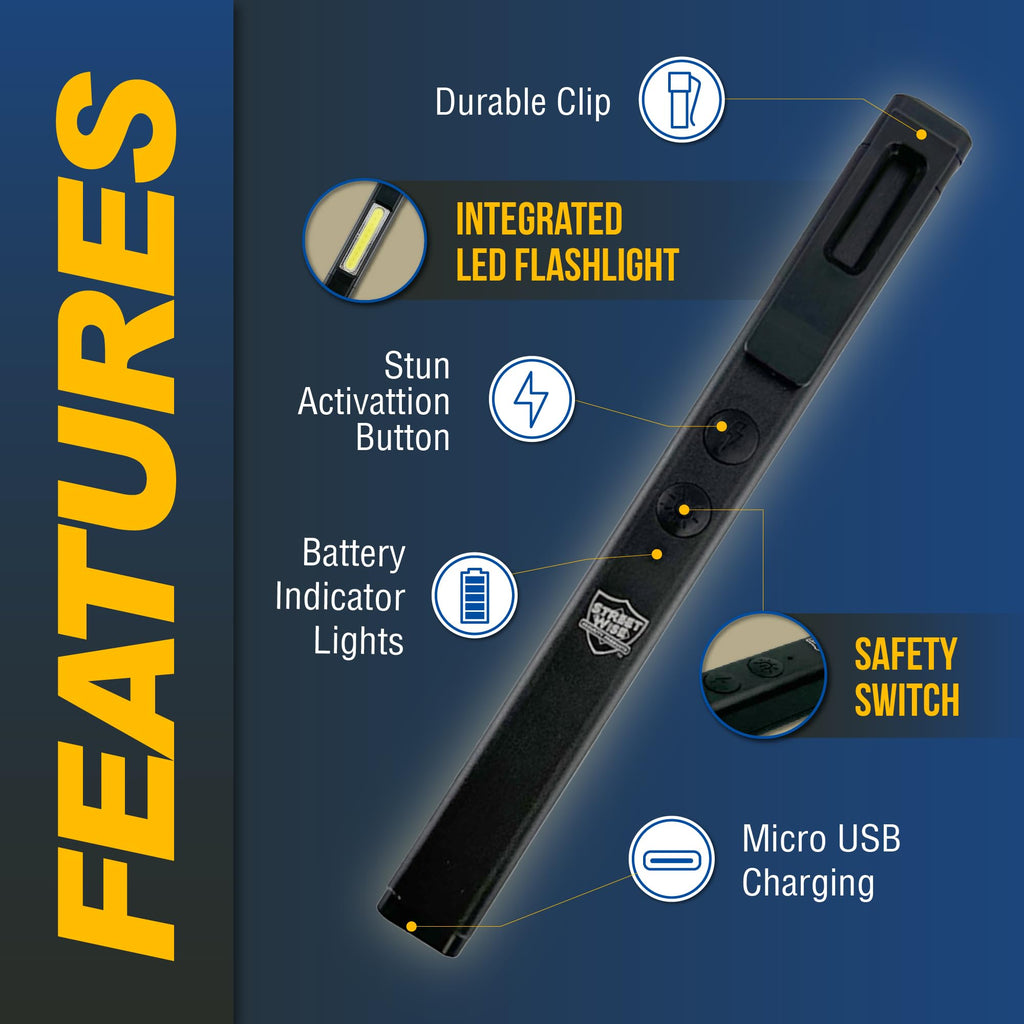 Streetwise Pain Pen 25,000,000 Volts Stun Gun for Self Protection - Tactical Stun Pen for Women and Men, USB Rechargeable, Battery Indicator, Durable Clip, Compact and Concealable for Protection