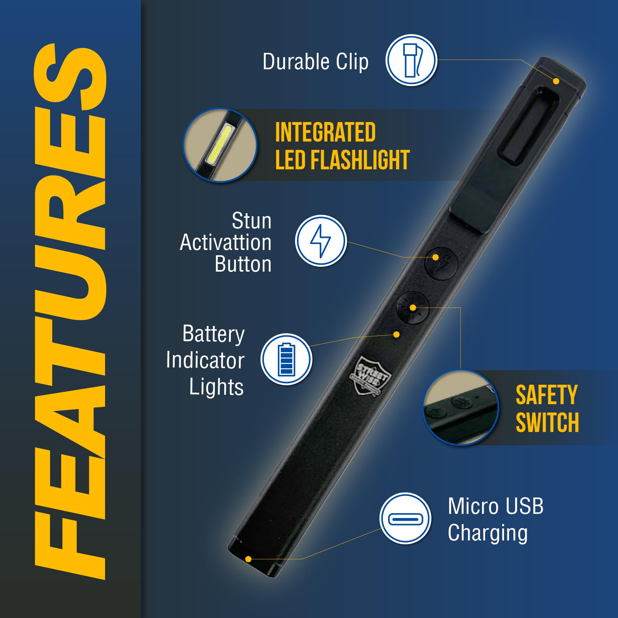 Streetwise Pain Pen 25,000,000 Volts Stun Gun for Self Protection - Tactical Stun Pen for Women and Men, USB Rechargeable, Battery Indicator, Durable Clip, Compact and Concealable for Protection