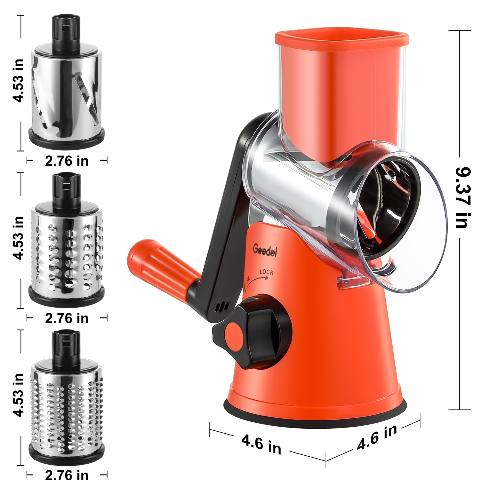 Geedel Rotary Cheese Grater, Kitchen Mandoline Vegetable Slicer with 3 Interchangeable Blades, Easy to Clean Grater for Fruit, Vegetables, Nuts