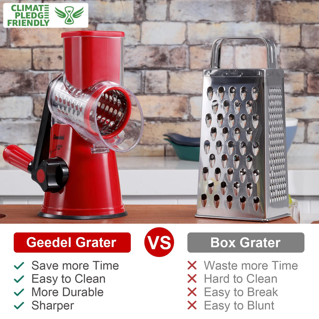 Geedel Rotary Cheese Grater, Kitchen Mandoline Vegetable Slicer with 3 Interchangeable Blades, Easy to Clean Grater for Fruit, Vegetables, Nuts