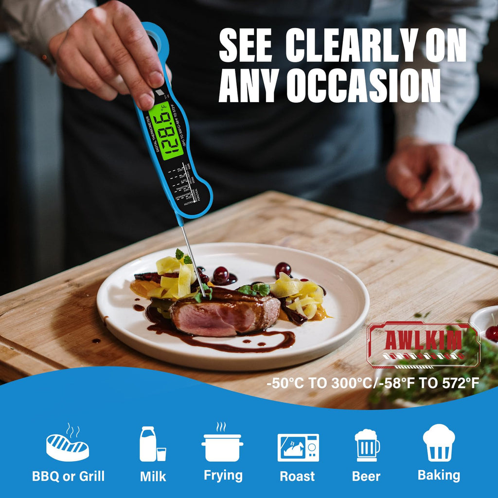 AWLKIM Meat Thermometer Digital - Instant Read Waterproof Food Thermometer with Backlight for Cooking, Grill, Candy, Kitchen & Stocking Stuffers for Men - Red