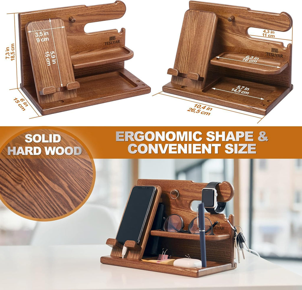 TESLYAR Wood Phone Docking Station for Men - Desk or Nightstand Organizer - Birthday Gifts for Husband, Dad - Anniversary Idea from Wife - Key Holder, Stand Wallet, Watch & Essentials (Bourbon Brown)