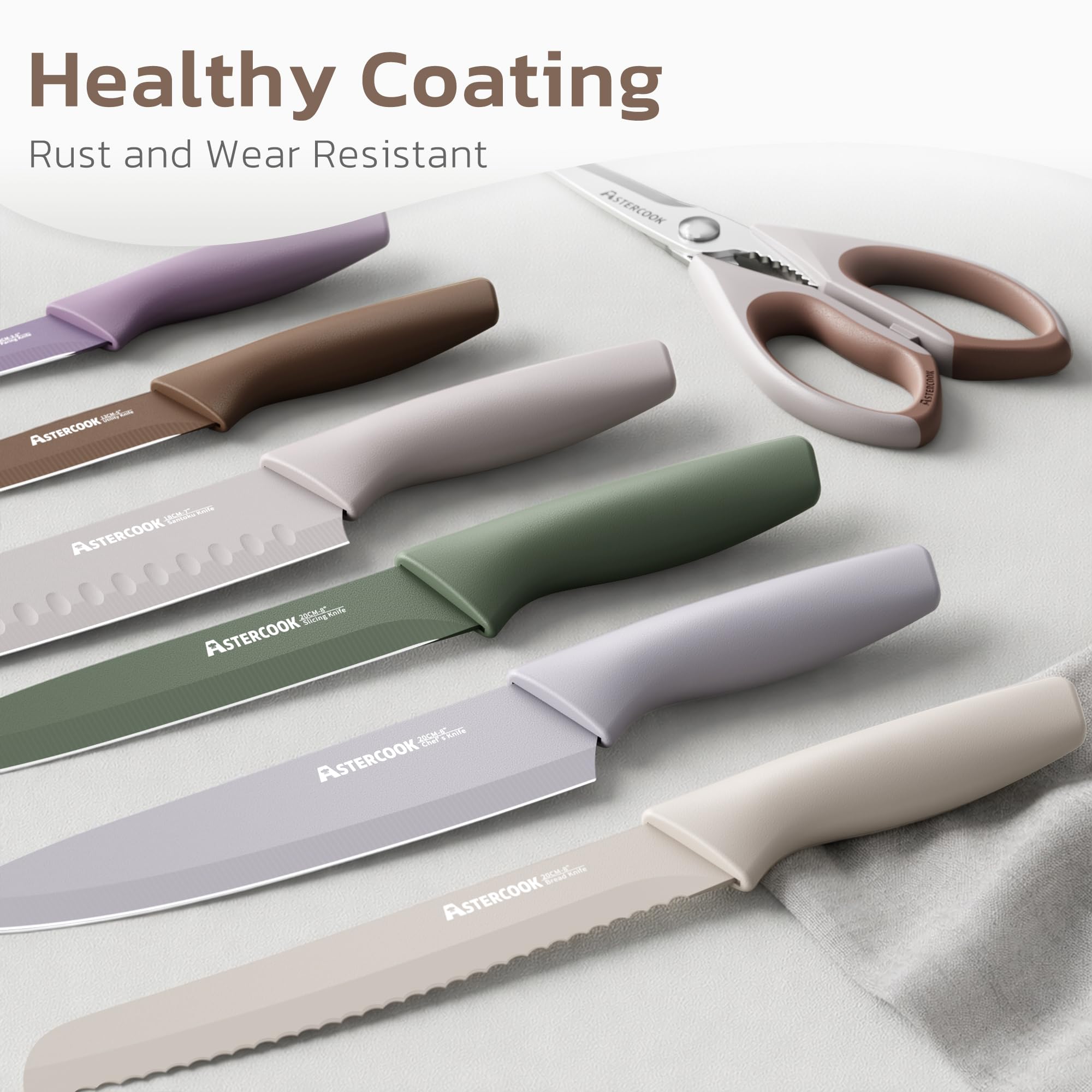 Astercook Knife Set, 13 Pieces Kitchen Knives Set with Healthy Anti-Rust Coating, Dishwasher Safe, Stainless Steel Chef Knife Sets with 6 Blade Guards, Perfect Holiday Gifts for Kitchen