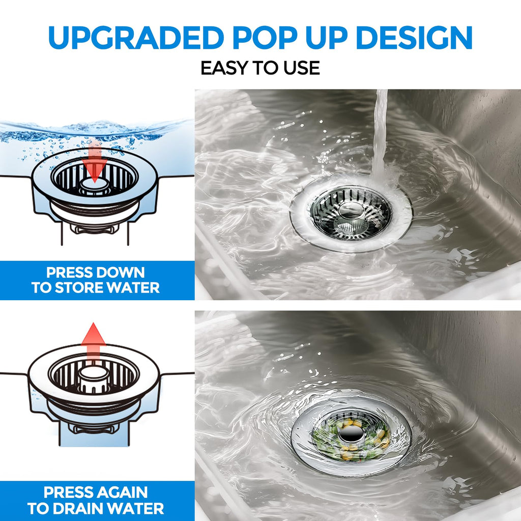Sink Drain Strainer - Sink Stopper Kitchen Drain, 3 in 1 Kitchen Sink Drain Strainer with Anti-Clogging Basket, Kitchen Gadgets Clearance Sink Accessories, Fit US Standard 3-1/2'' Sink Hole, Silver