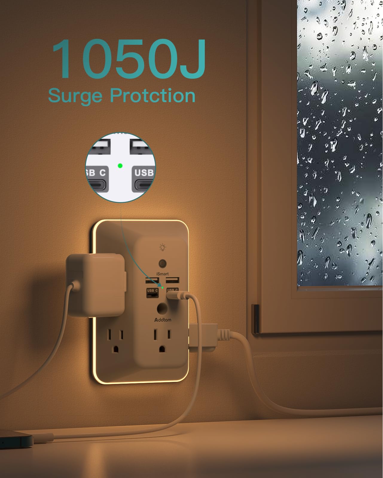 Surge Protector, Outlet Extender with Night Light, Addtam 5-Outlet Splitter and 4 USB Ports(1 USB C), Multi Plug Wall Outlet for Home Office Dorm Room Essentials