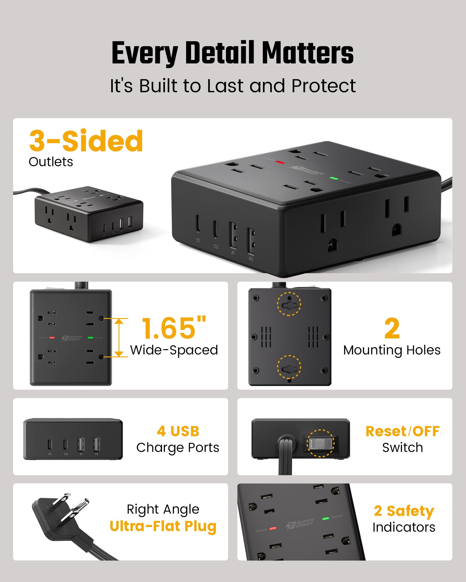 10Ft Extension Cord with Multiple Outlets, Flat Plug Surge Protector Power Strip 10 Ft Long Cord, 8 Outlets & 4 USB Ports (2 USB C), Desk Charging Station for Home Office, College Dorm Room Essentials