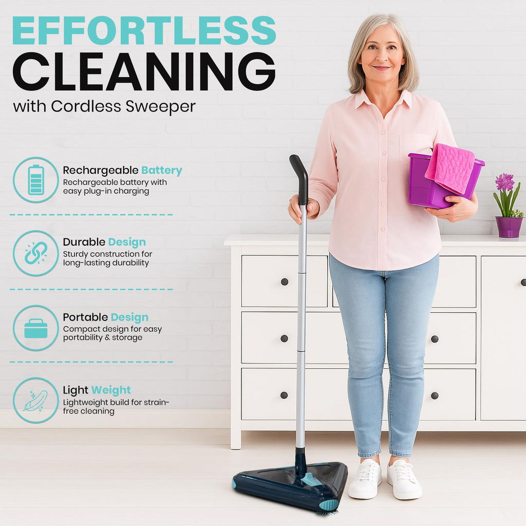 Zippi Sweeper Standard - 2025 New and Improved Lightweight Sweeper, Perfect for Short Carpet Hardwood and Tile, Triangular Design Allows for Sweeping in Corners, 30 Minutes Cleaning Time