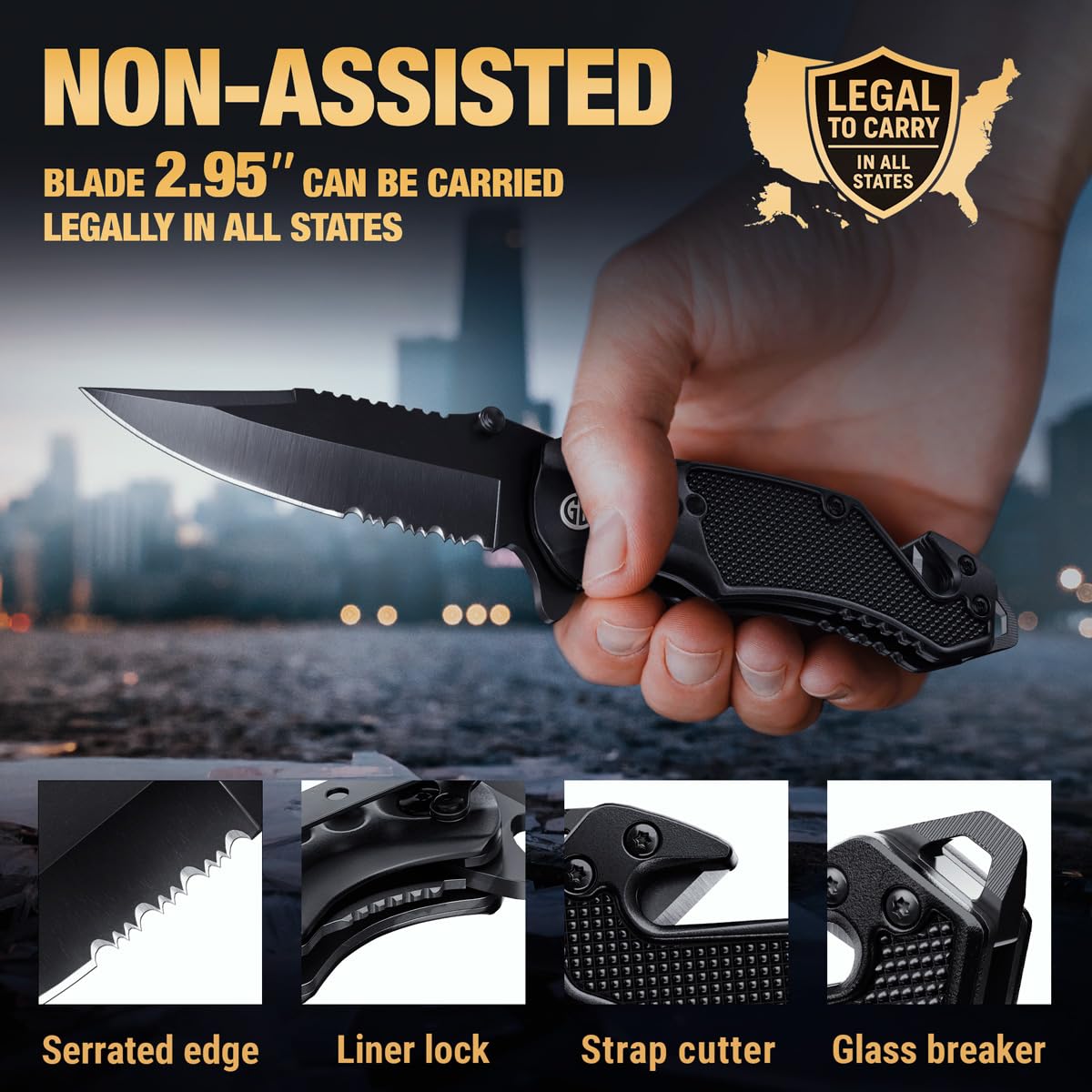 GOOD WORKER Legal Pocket Knife with 2.95” Serrated Blade, Glass Breaker, Seat Belt Cutter - EDC Sharp Folding Knives with Portable Clip - Small Tool for Tactical Camping Survival Hiking - Gifts for Men, Women