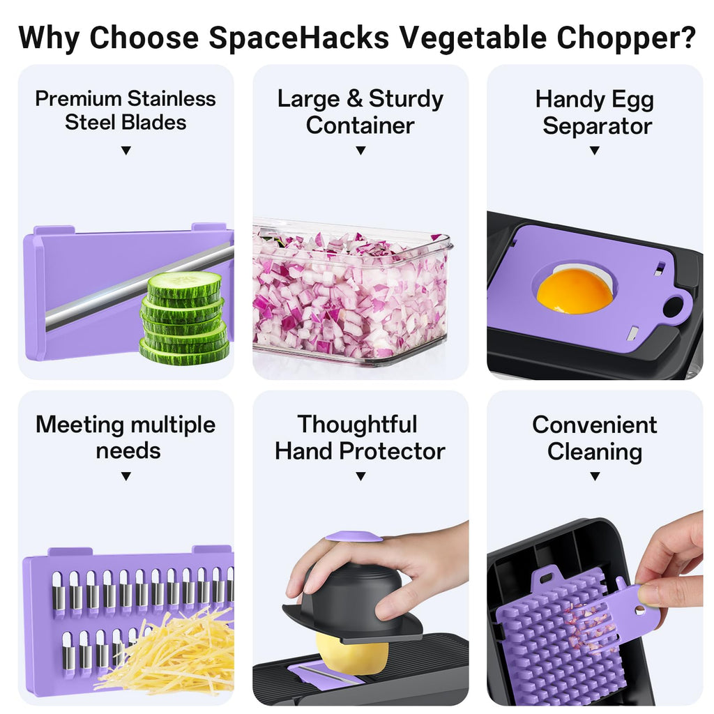 SpaceHacks 12-in-1 Vegetable Chopper, Kitchen Gadgets with 7 Blades, Veggie, Food, Onion Chopper, Cucumber Slicer, Versatile Mandoline, Includes Egg Separator & Finger Guard, Gray