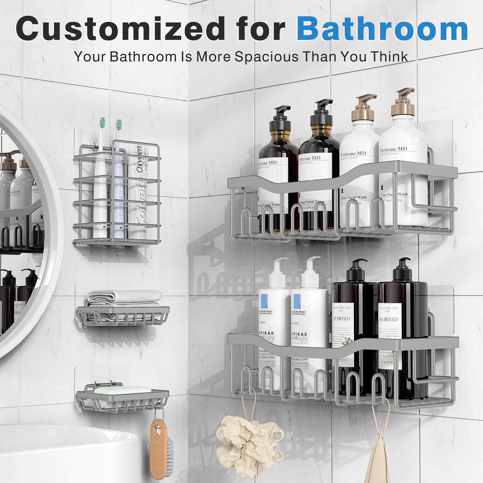 EUDELE Adhesive Shower Caddy, 5 Pack Rustproof Stainless Steel Bath Organizers With Large Capacity, No Drilling Shelves for Bathroom Storage & Home Decor
