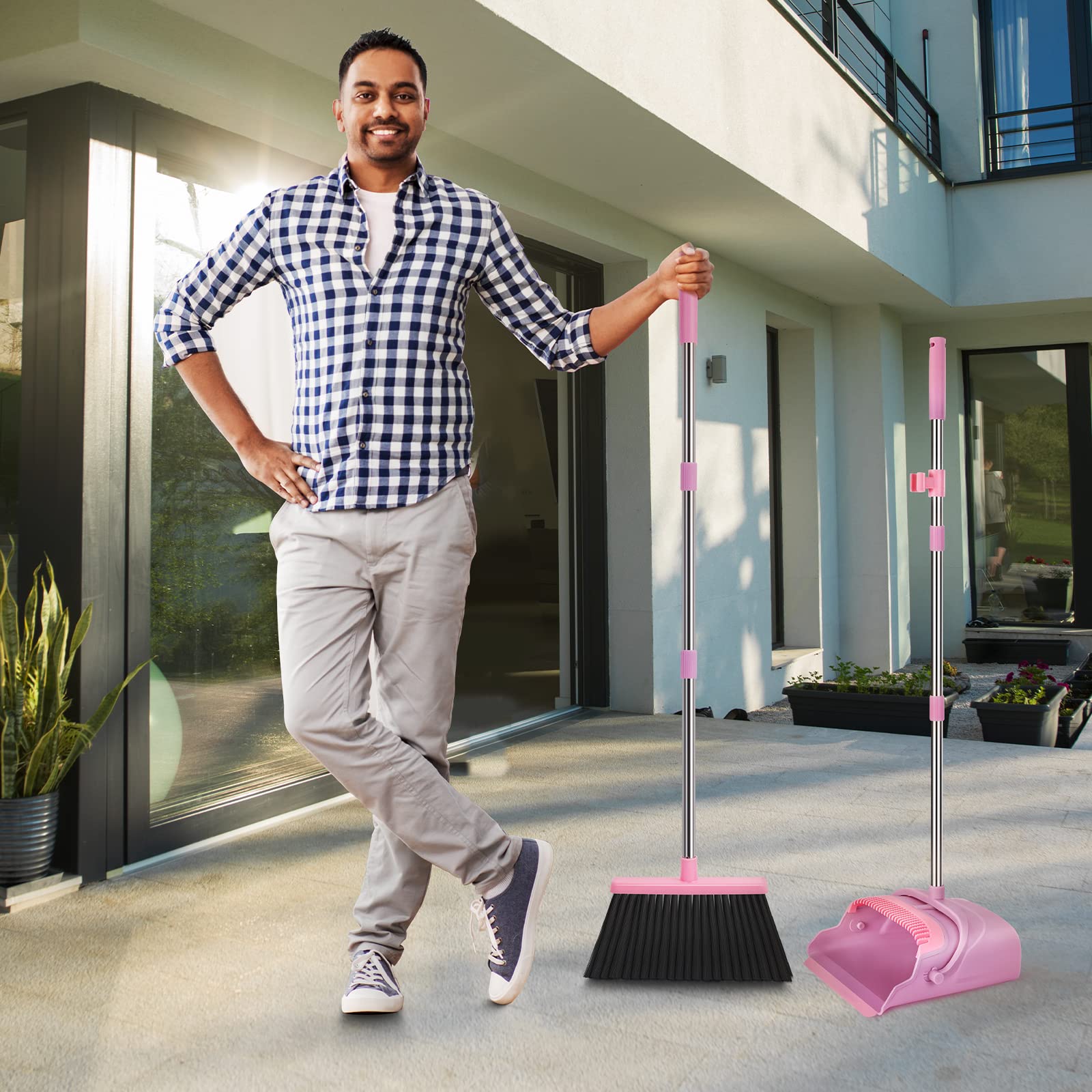Upgrade Broom and Dustpan Set, Self-Cleaning with Dustpan Teeth, Indoor&Outdoor Sweeping, Ideal for Dog Cat Pets Home Use, Stand Up Broom and Dustpan (Gray&Orange)