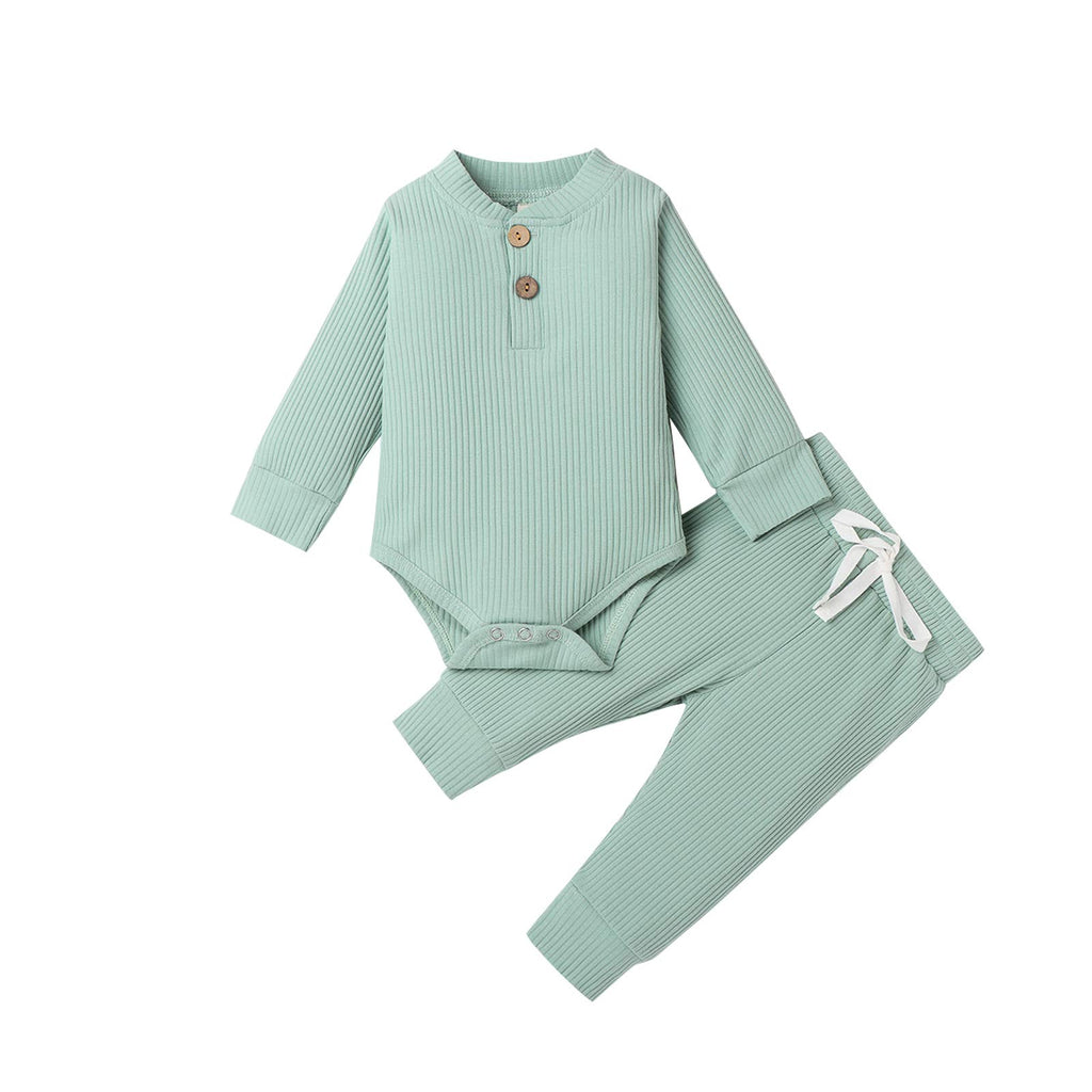 Newborn Baby Boy Girl Clothes Ribbed Knitted Cotton Long Sleeve Romper Long Pants Solid Color Fall Winter Outfits