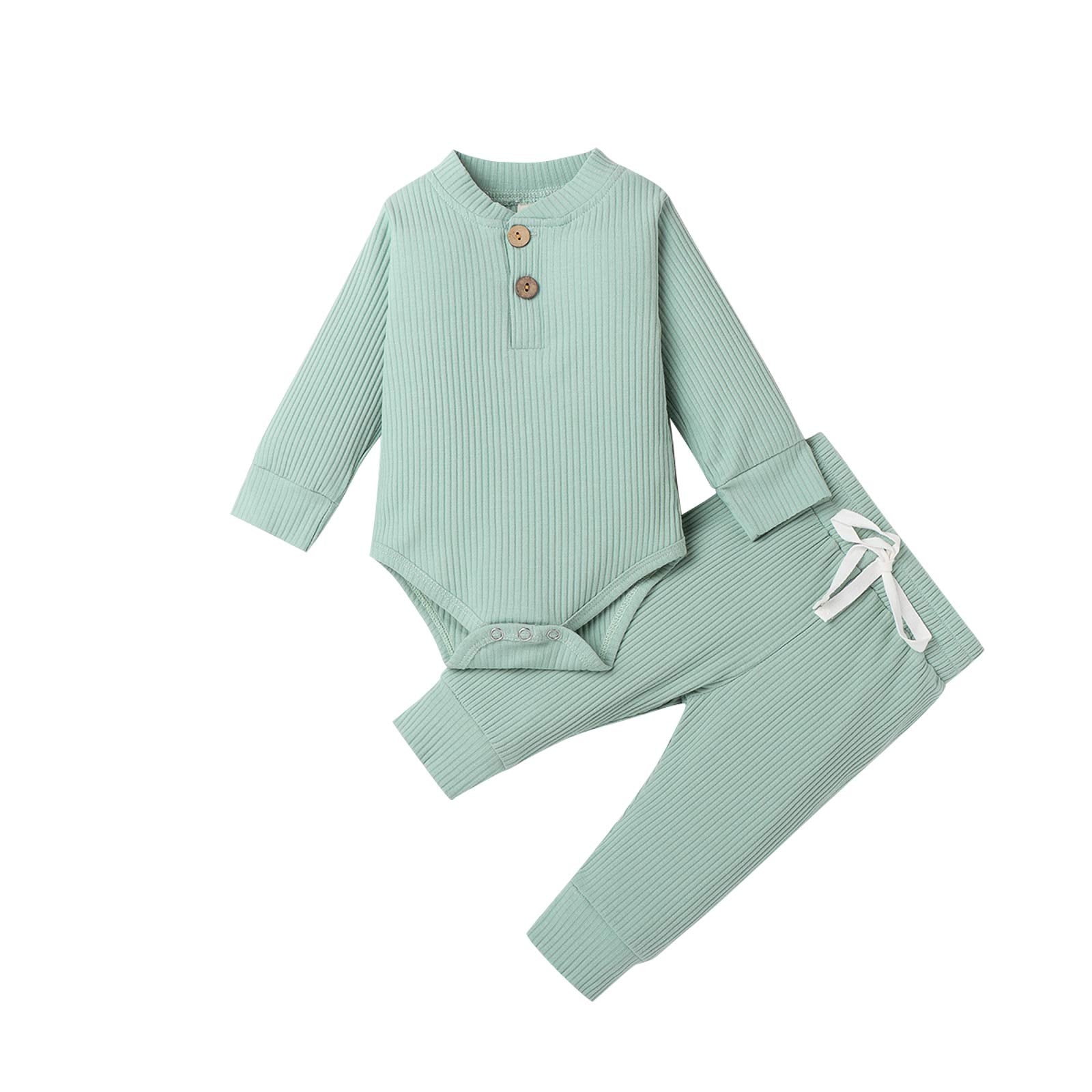 Newborn Baby Boy Girl Clothes Ribbed Knitted Cotton Long Sleeve Romper Long Pants Solid Color Fall Winter Outfits