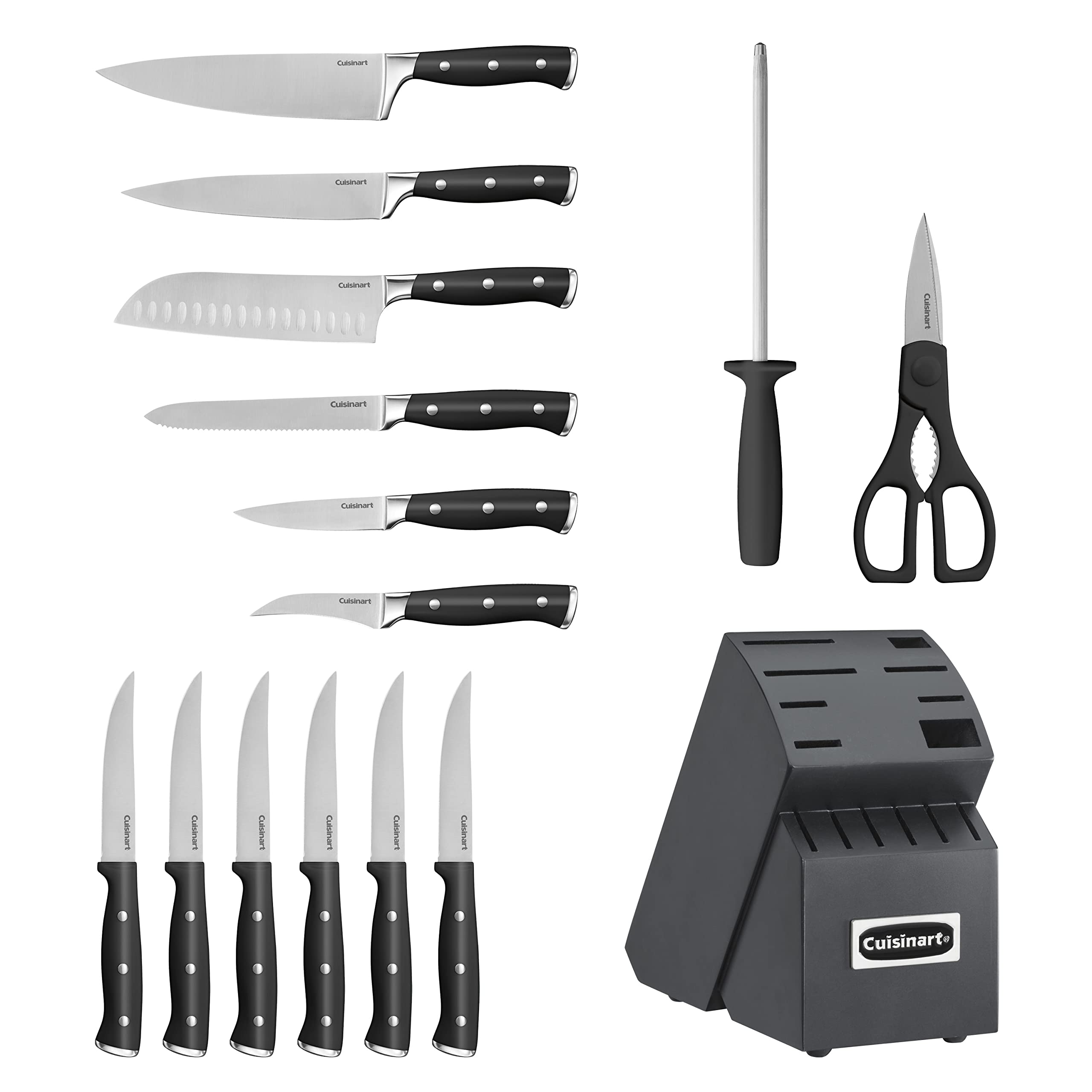 Cuisinart 15-Piece Knife Set with Block, High Carbon Stainless Steel, Forged Triple Rivet, White, C77WTR-15P