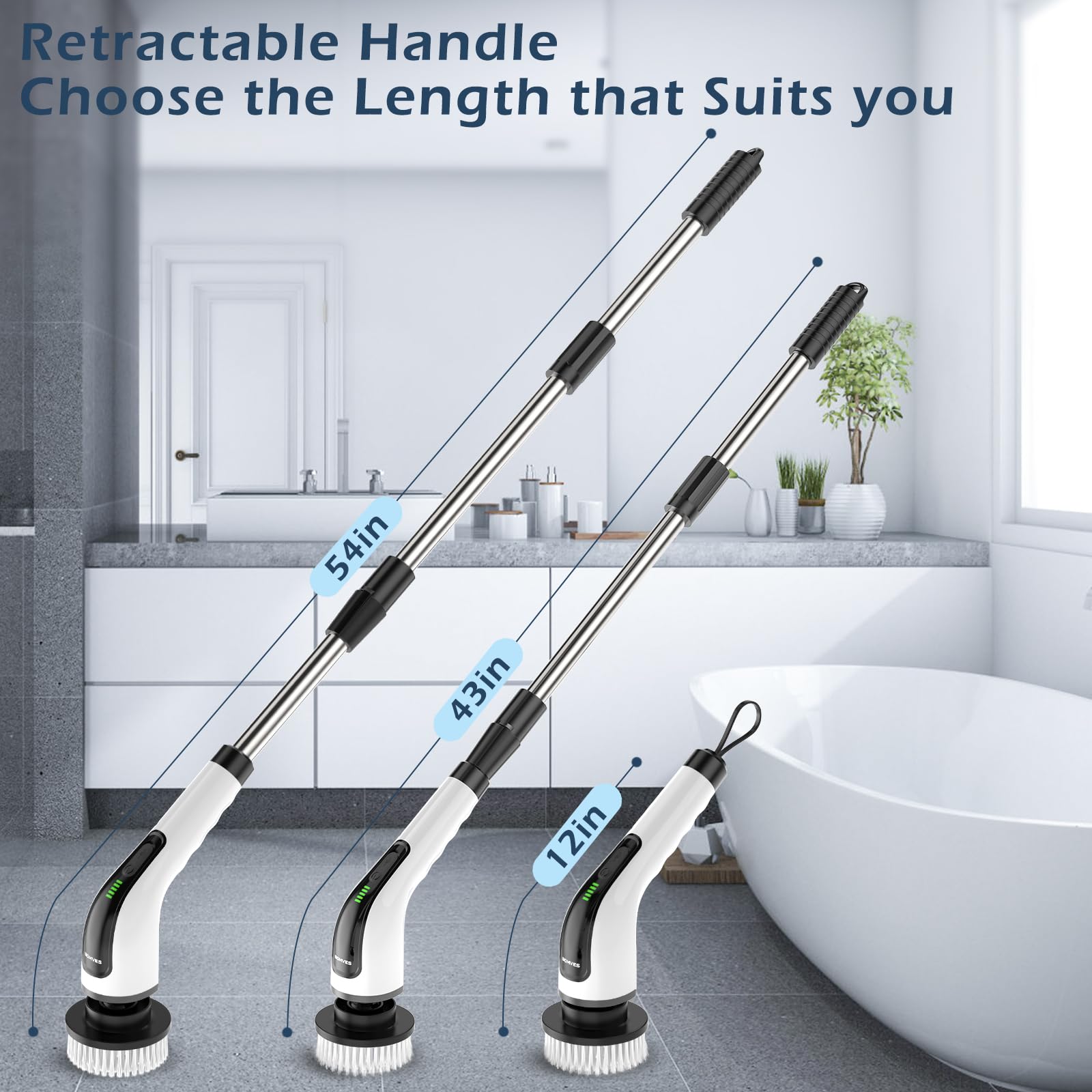 Bomves Electric Spin Scrubber, Cordless Cleaning Brush Scrubber for Home, 8 Replaceable Brush Heads-90Mins Work Time, 3 Adjustable Size, 2 Speeds for Bathroom Shower Bathtub Glass Car