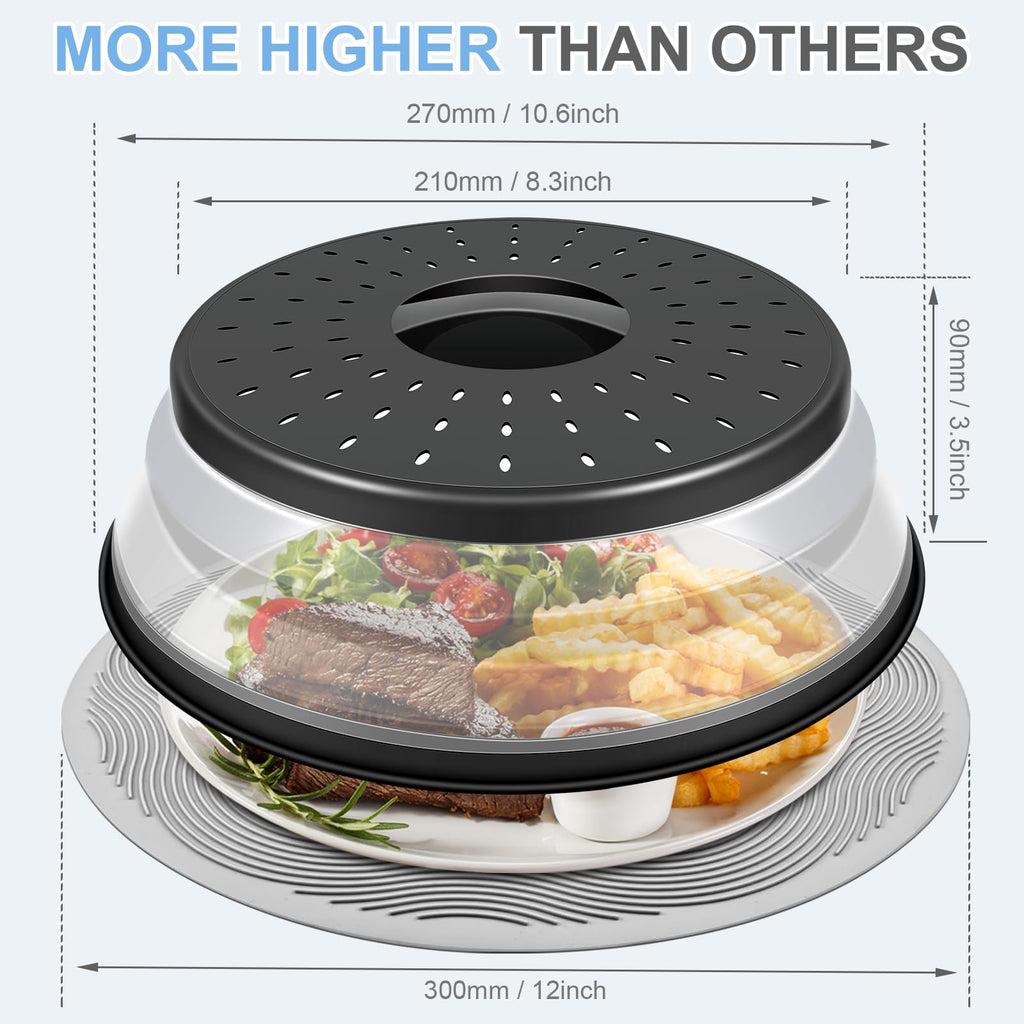 LekDrok 10 Inch Microwave Food Cover & Collapsible Silicone Mat - Splatter Guard, Plate Holder & Kitchen Colander for Meal Prep, Charcoal
