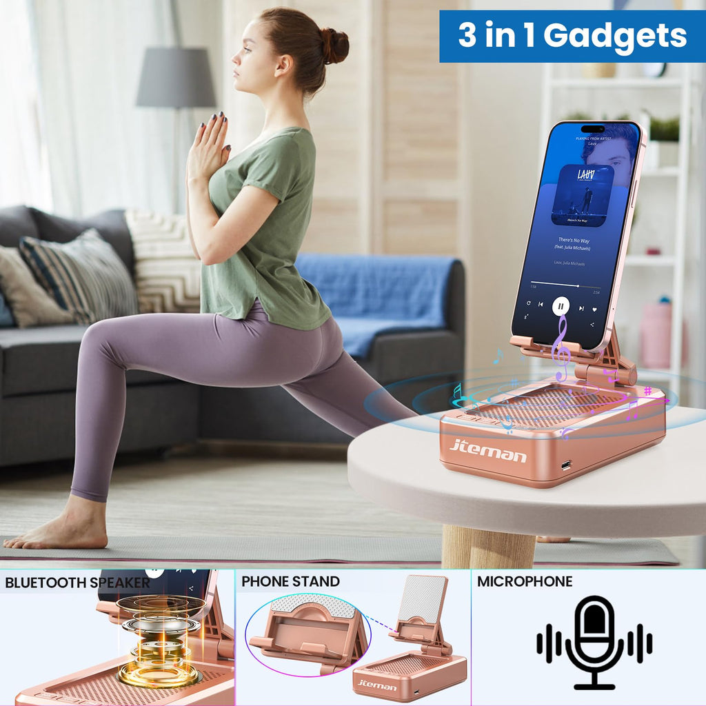 JTEMAN Cell Phone Stand with Bluetooth Speaker, HD Stereo Sound & Anti-Slip Base, Foldable Adjustable Desktop Phone Holder for Home Office, Cool Tech Gadgets Birthday Gifts for Men Women (Black)