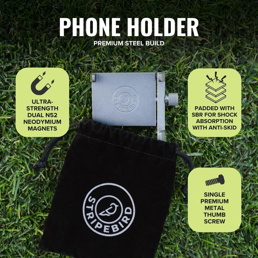 Stripebird - Magnetic Golf Cart Phone Holder - US Patented, Neodymium N52 Magnets - Golf Cart Phone Mount for iPhone & Samsung - Slim Golf Caddy Accessories for Men & Women