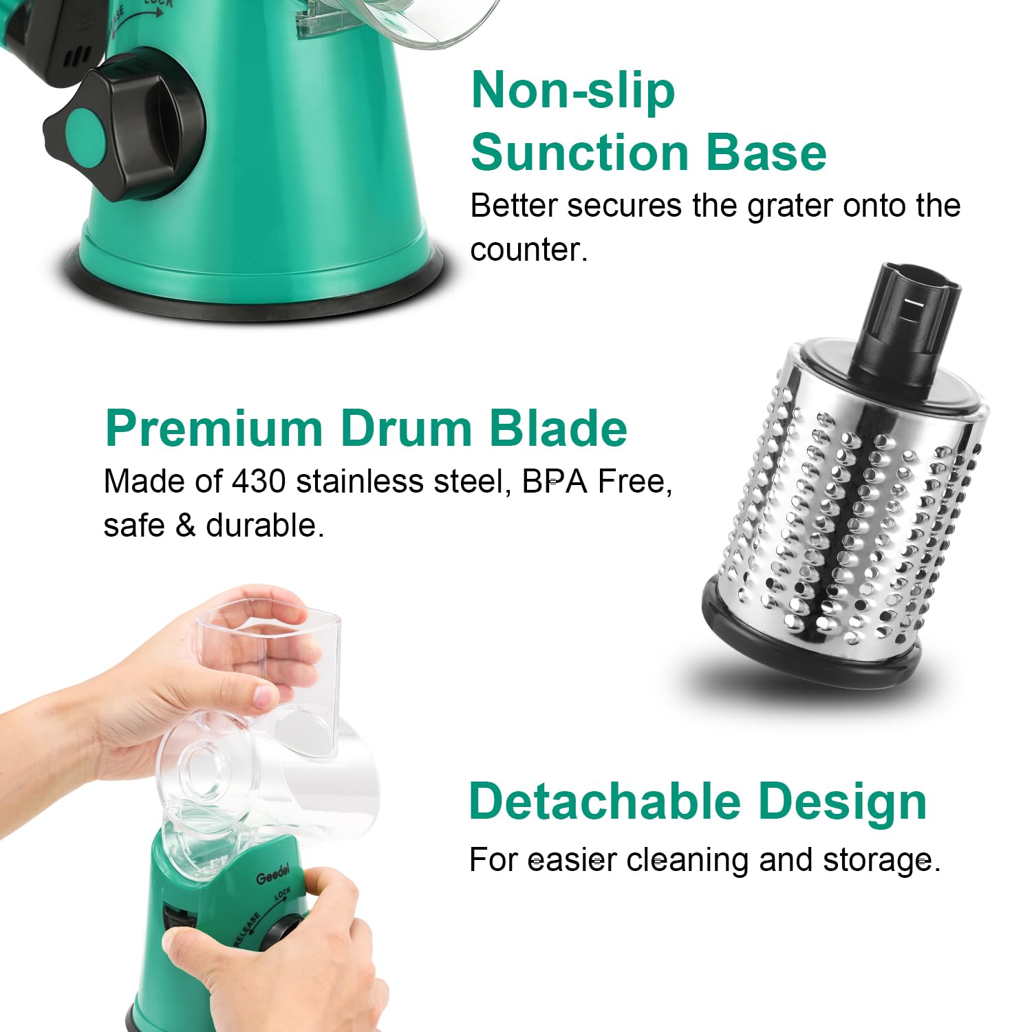Geedel Rotary Cheese Grater, Kitchen Mandoline Vegetable Slicer with 3 Interchangeable Blades, Easy to Clean Grater for Fruit, Vegetables, Nuts