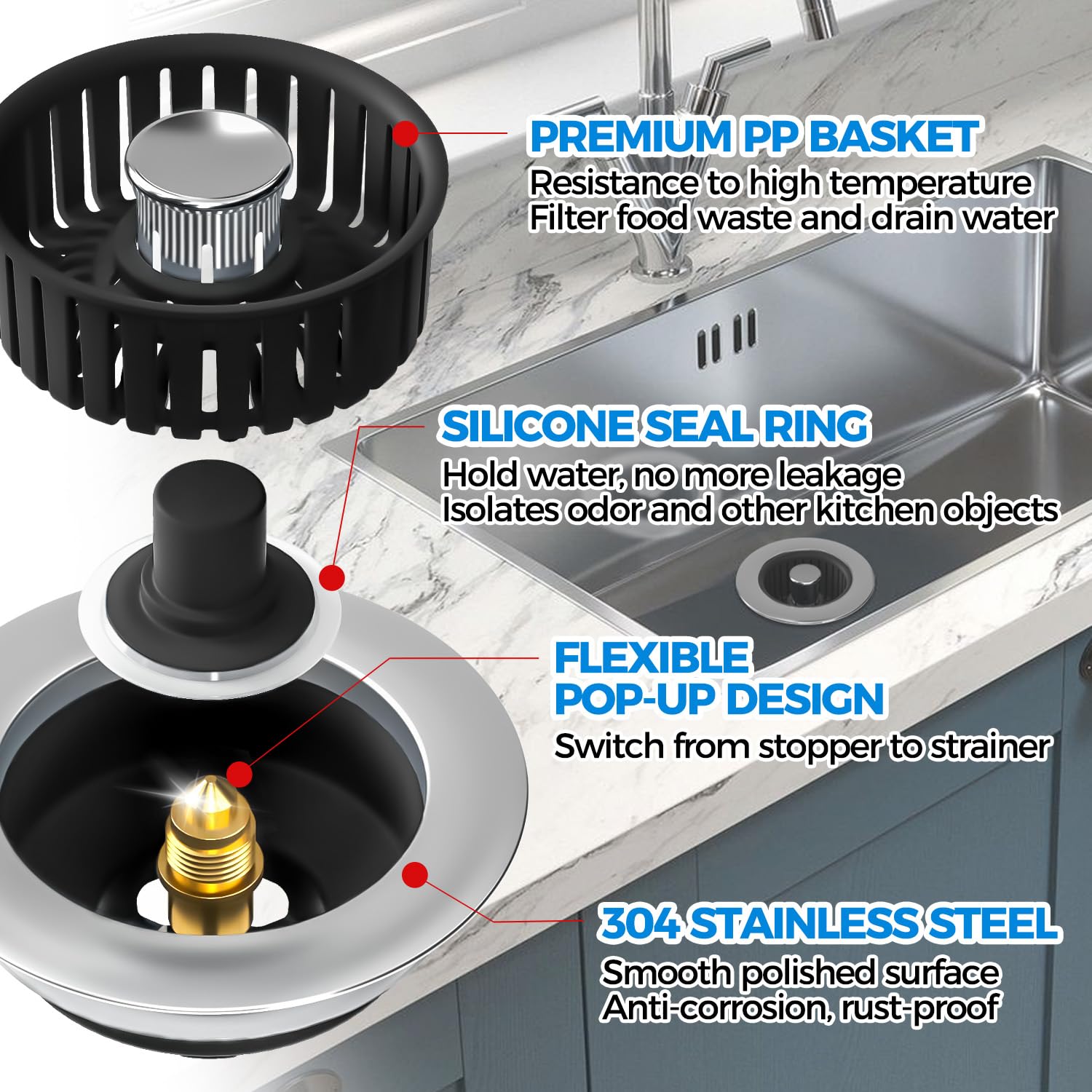 Sink Drain Strainer - Sink Stopper Kitchen Drain, 3 in 1 Kitchen Sink Drain Strainer with Anti-Clogging Basket, Kitchen Gadgets Clearance Sink Accessories, Fit US Standard 3-1/2'' Sink Hole, Silver