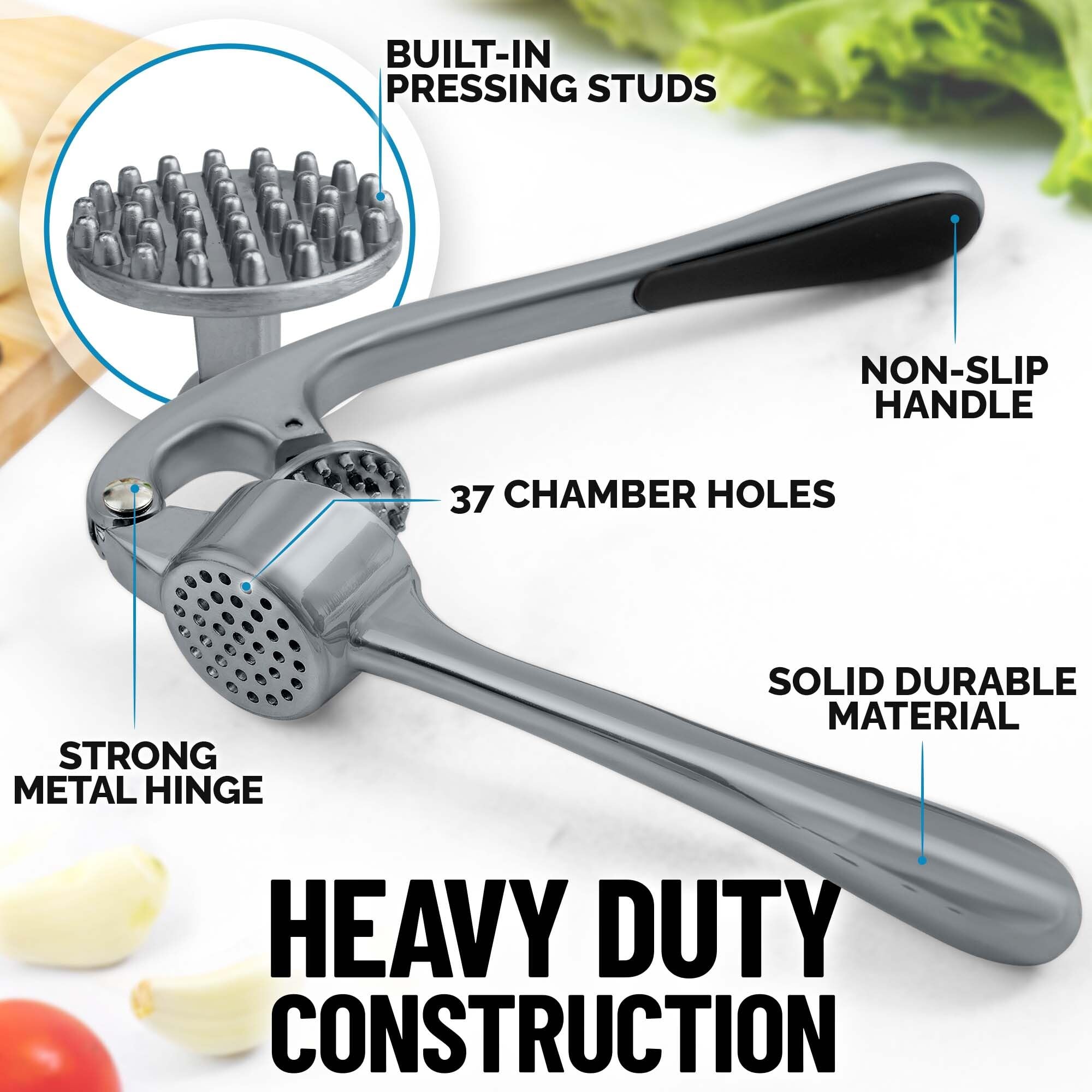 Zulay Kitchen Premium Garlic Press Set - Rust Proof Professional Garlic Mincer Tool - Easy-Squeeze, Easy-Clean with Soft, Ergonomic Handle - Silicone Garlic Peeler & Brush (Silver)