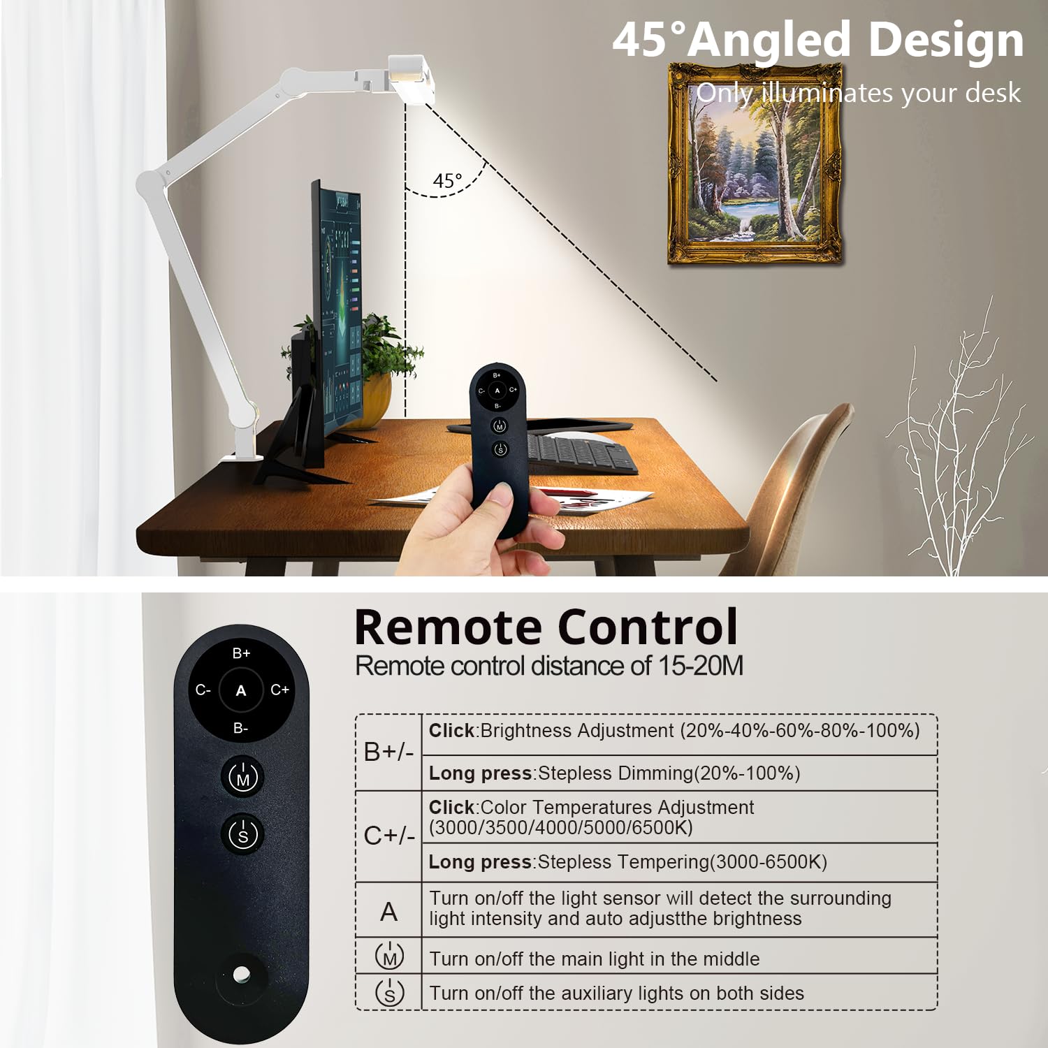 Micomlan Led Desk Lamp with Clamp, Architect Desk Lamp for Home Office with Atmosphere Lighting, 24W Ultra Bright Auto Dimming Computer Light Stepless Dimming and Tempering LED Table Light