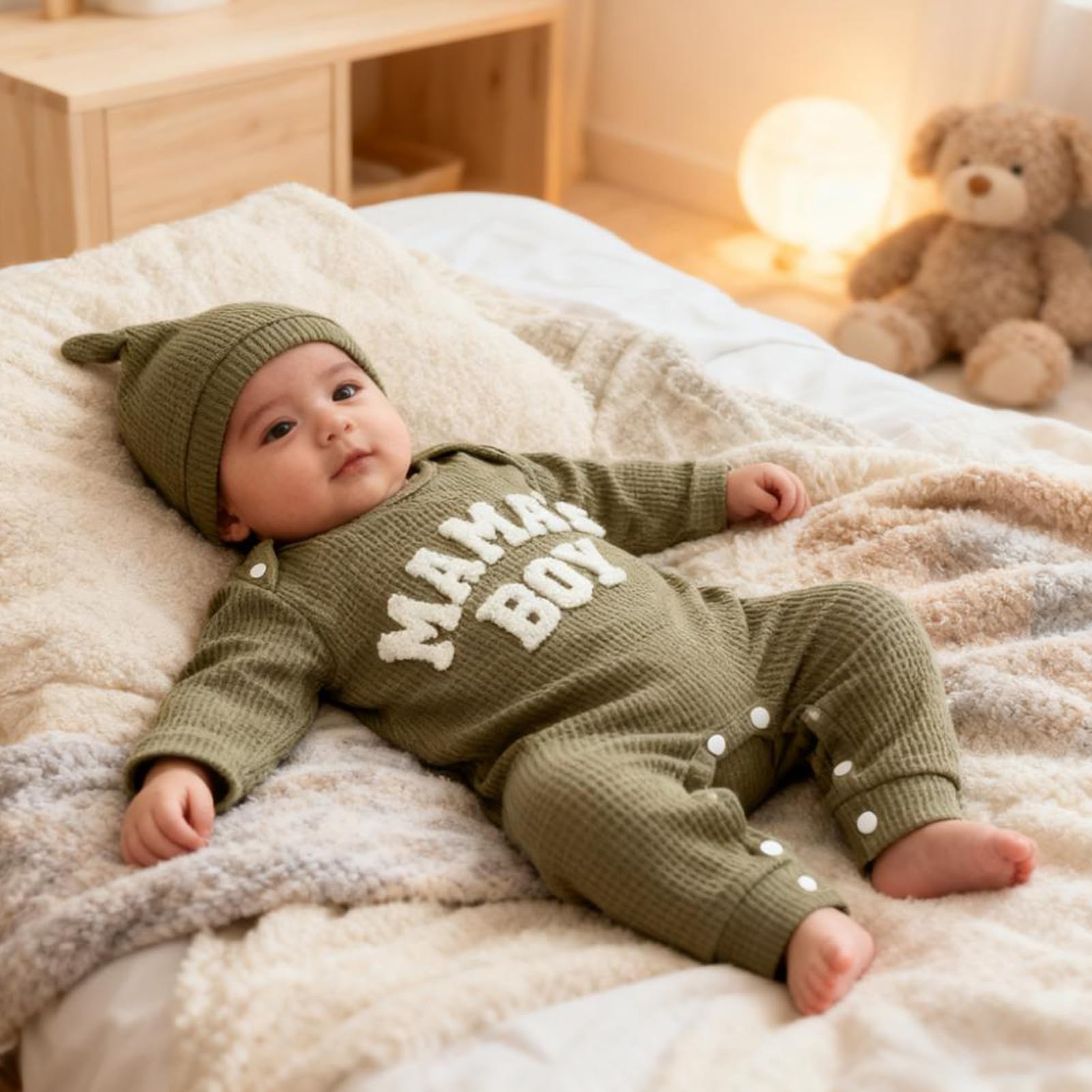 GRNSHTS Newborn Baby Boy Romper Coming Home Outfits Letter Print Bodysuit Jumpsuit+Hat+Gloves 3PCS Clothes Set