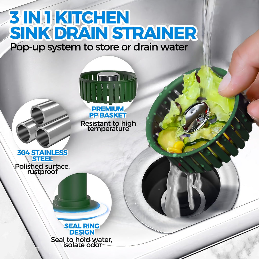 Sink Drain Strainer - Sink Stopper Kitchen Drain, 3 in 1 Kitchen Sink Drain Strainer with Anti-Clogging Basket, Kitchen Gadgets Clearance Sink Accessories, Fit US Standard 3-1/2'' Sink Hole, Silver