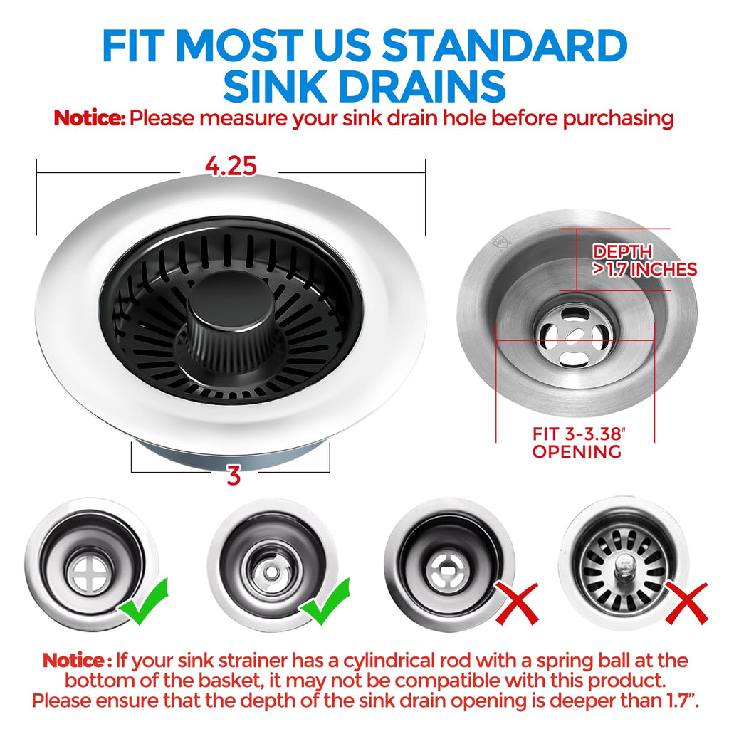 Sink Drain Strainer - Sink Stopper Kitchen Drain, 3 in 1 Kitchen Sink Drain Strainer with Anti-Clogging Basket, Kitchen Gadgets Clearance Sink Accessories, Fit US Standard 3-1/2'' Sink Hole, Silver
