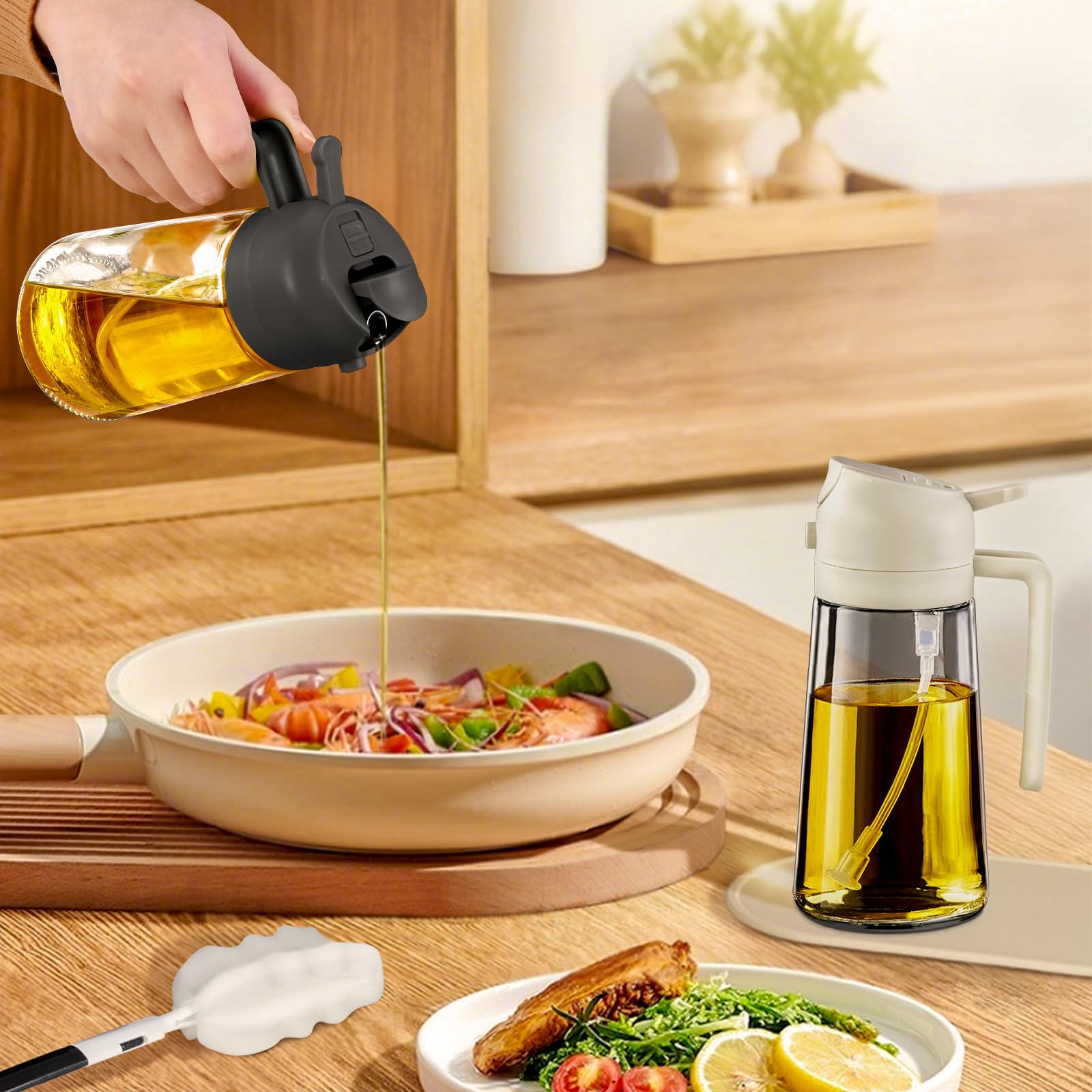 YARRAMATE 16oz/470ml Glass Olive Oil Sprayer for Cooking with Stickers, 2 in 1 Oil Dispenser for Kitchen Gadgets, Food Grade Premium Spray Bottle with Portion Control for Salad, Frying, BBQ (Black)