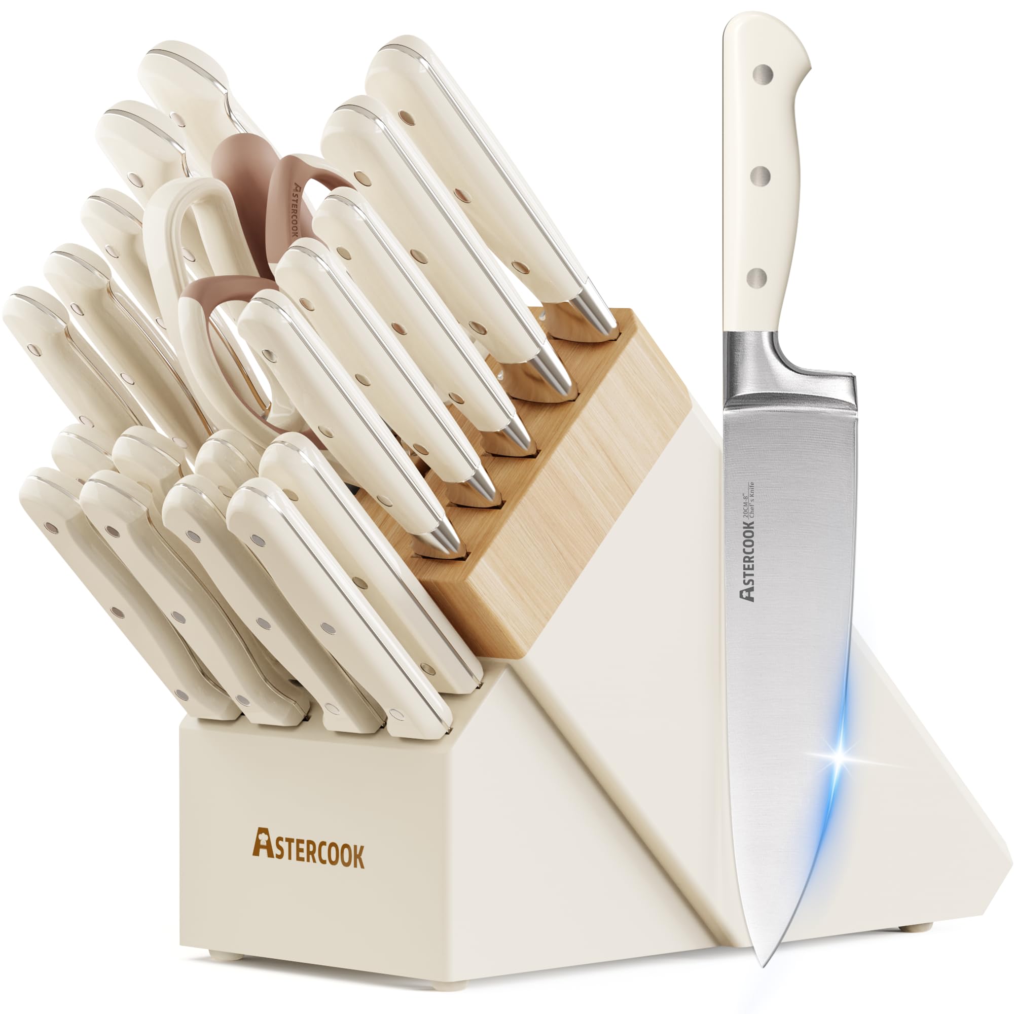 Knife Set,Astercook Kitchen Knife Set with Block 14-Piece Full Tang Stainless Steel Knives with Sharpener Dishwasher Safe and Anti-Slip Ergonomic Handle Utensils Set