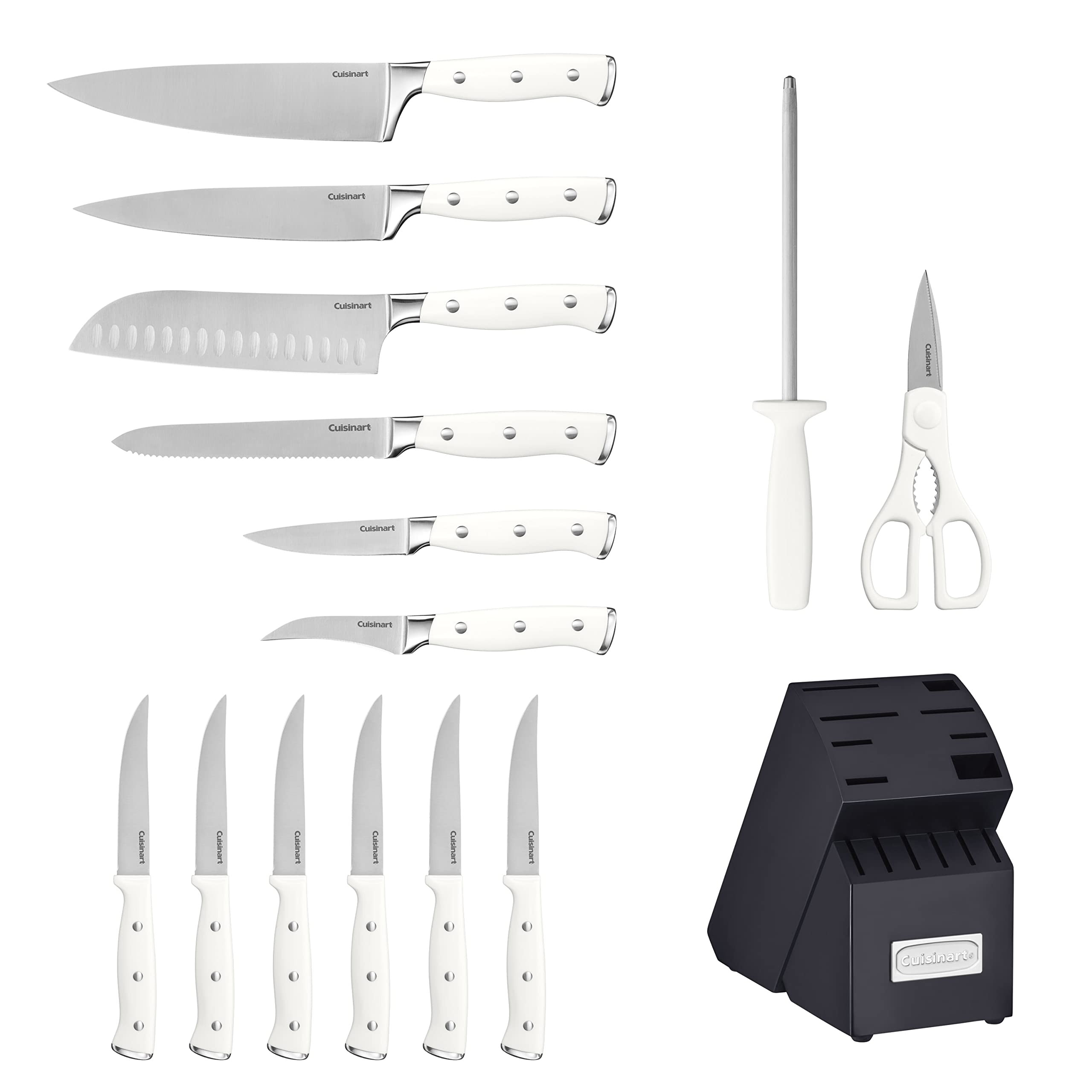 Cuisinart 15-Piece Knife Set with Block, High Carbon Stainless Steel, Forged Triple Rivet, White, C77WTR-15P
