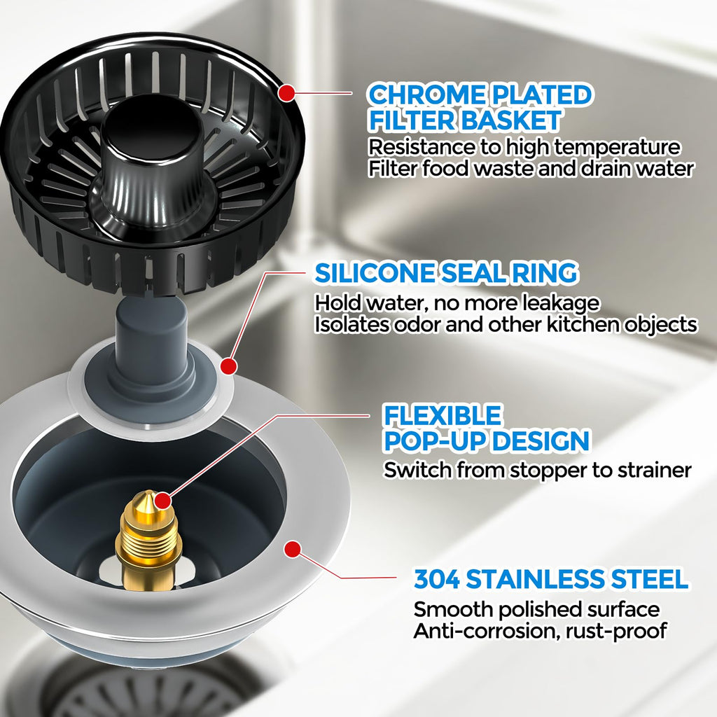 Sink Drain Strainer - Sink Stopper Kitchen Drain, 3 in 1 Kitchen Sink Drain Strainer with Anti-Clogging Basket, Kitchen Gadgets Clearance Sink Accessories, Fit US Standard 3-1/2'' Sink Hole, Silver