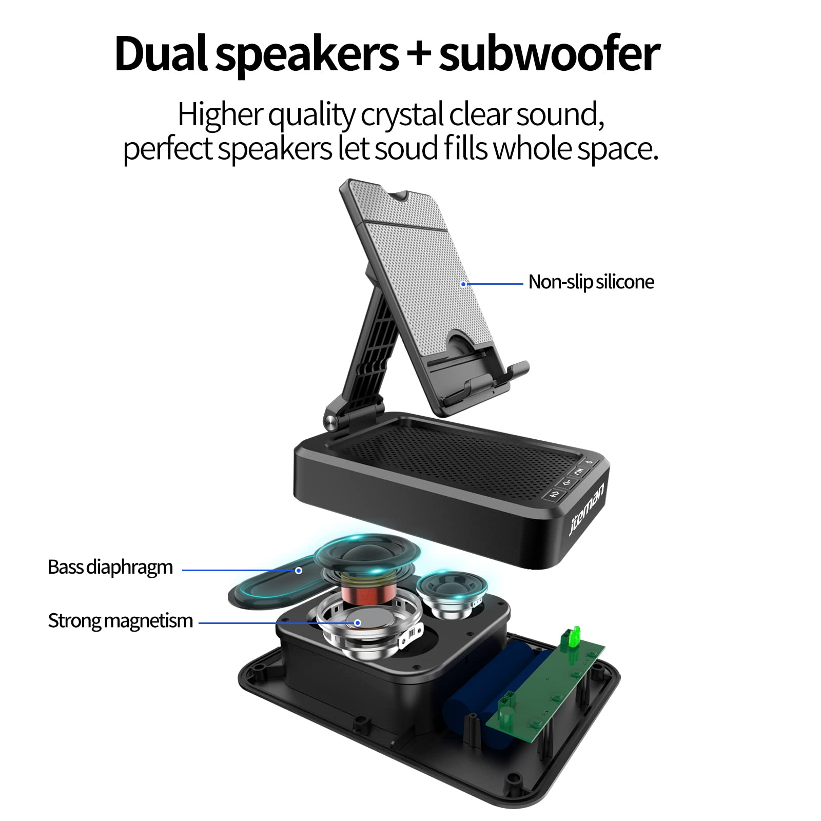 JTEMAN Cell Phone Stand with Bluetooth Speaker, HD Stereo Sound & Anti-Slip Base, Foldable Adjustable Desktop Phone Holder for Home Office, Cool Tech Gadgets Birthday Gifts for Men Women (Black)