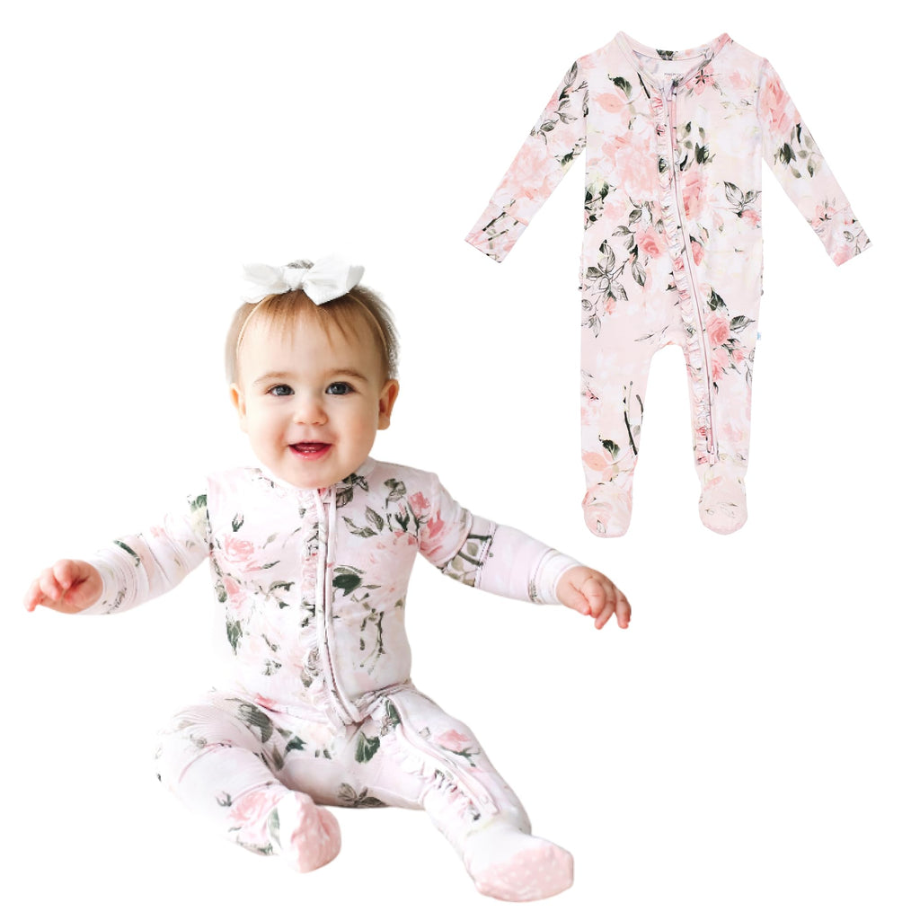Posh Peanut Footie Pajamas for Baby Girls – Sleepers in Ultra-Soft Viscose from Bamboo with 2-Way Zipper & Ruffle Trim