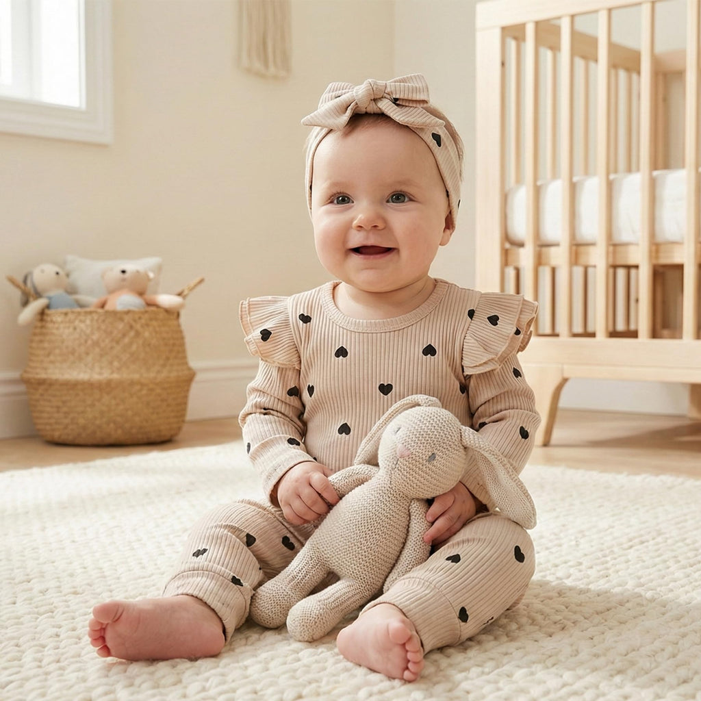 Fullfamous Baby Girl's 3pc Rib Frill Long Sleeve Romper and Pant Set