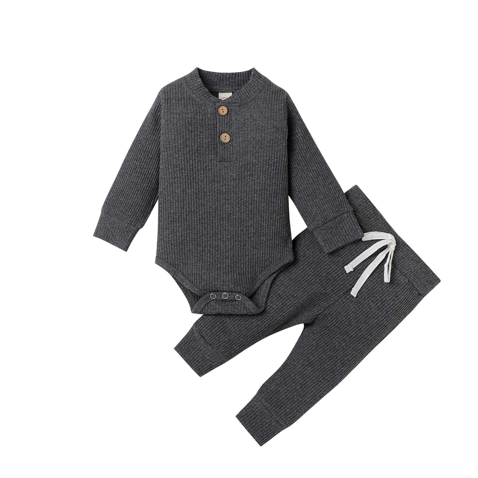 Newborn Baby Boy Girl Clothes Ribbed Knitted Cotton Long Sleeve Romper Long Pants Solid Color Fall Winter Outfits