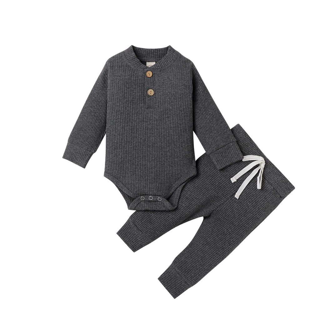 Newborn Baby Boy Girl Clothes Ribbed Knitted Cotton Long Sleeve Romper Long Pants Solid Color Fall Winter Outfits