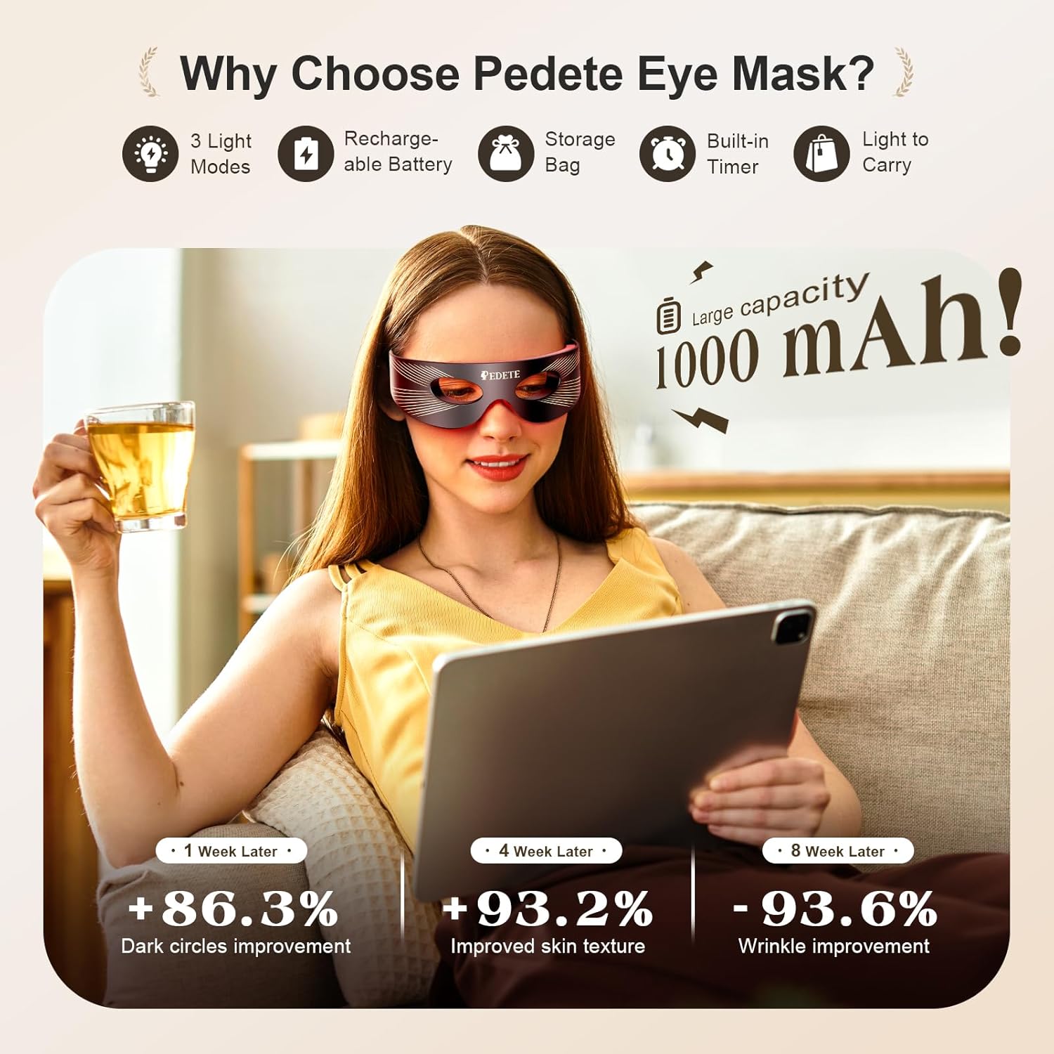 Pedete Red Light Therapy for Eyes, 3 Modes Under-Eye Red Light Eye Mask, Eye Massager for Fine Lines Eye Bags and Dark Circles for Men Women(Black)