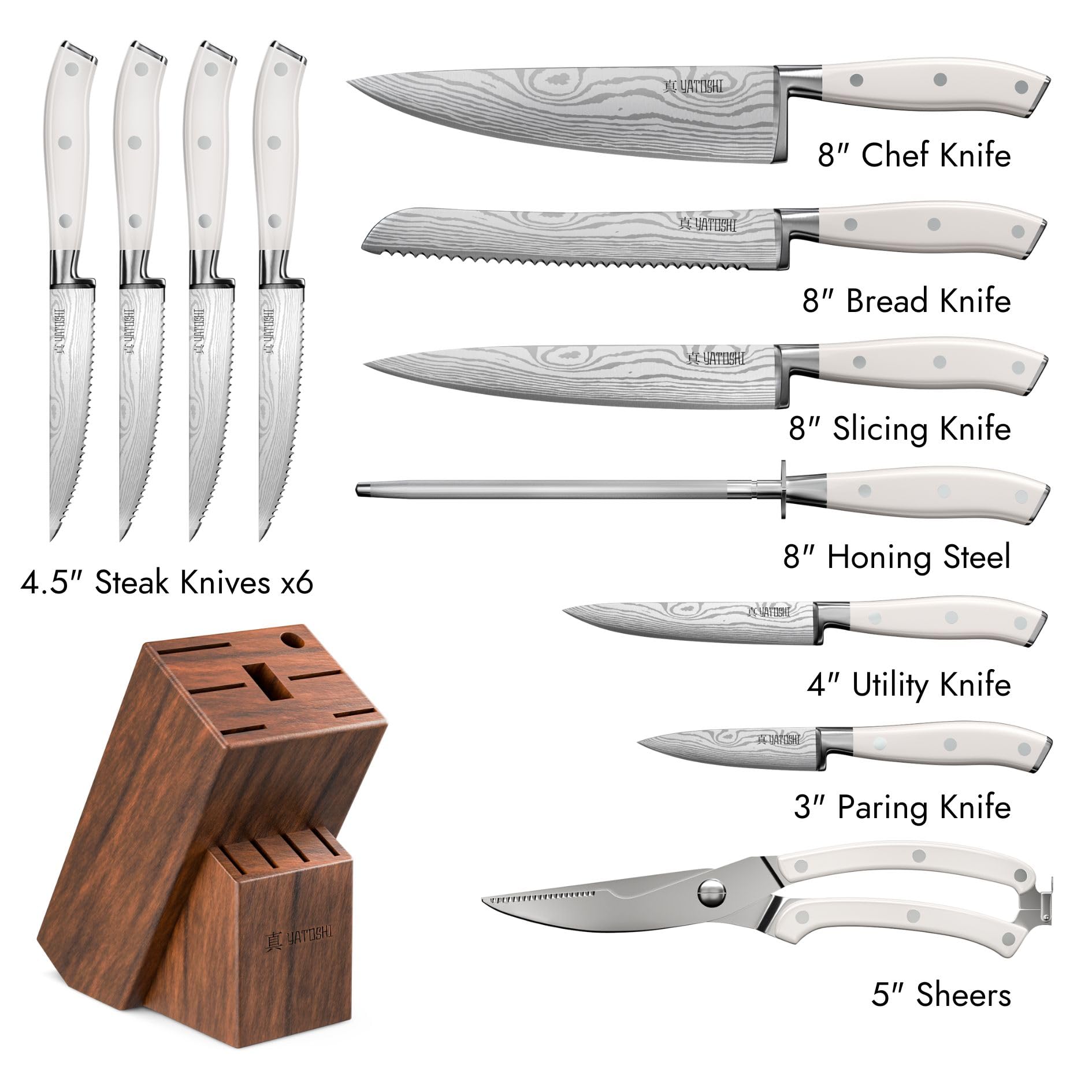 Yatoshi Professional Kitchen Knife Set, 15 Pieces, High Carbon Stainless Steel, Ergonomic Handle